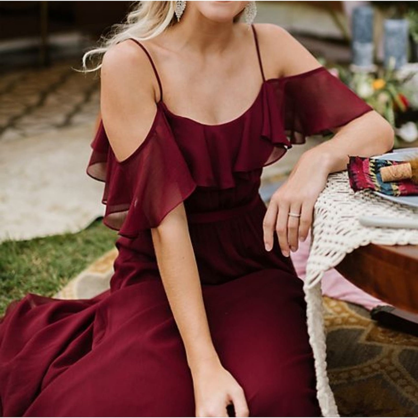 NWT David's Bridal Cold Shoulder Flutter Sleeve Chiffon Long Bridesmaid Dress 6