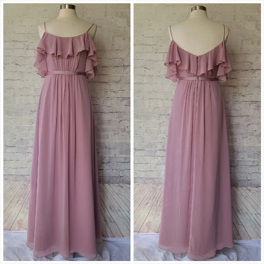 NWT David's Bridal Cold Shoulder Flutter Sleeve Chiffon Long Bridesmaid Dress 6