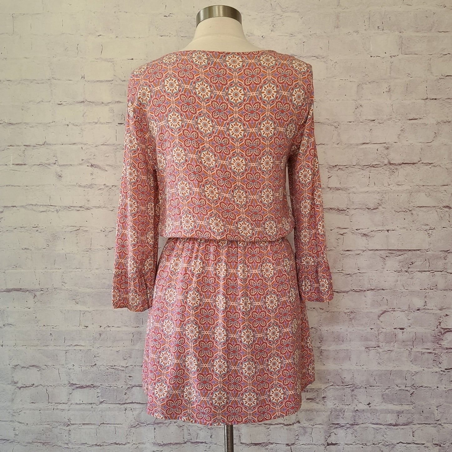 Sanctuary Pink Floral Mosaic Print Long Bell Sleeve Lace-Up V-Neck Dress Medium