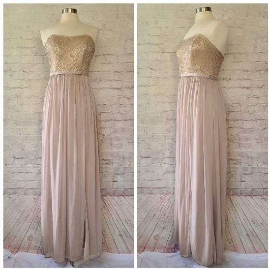 David's Bridal Gold Metallic Taupe Lace and Mesh Long Strapless Dress 8