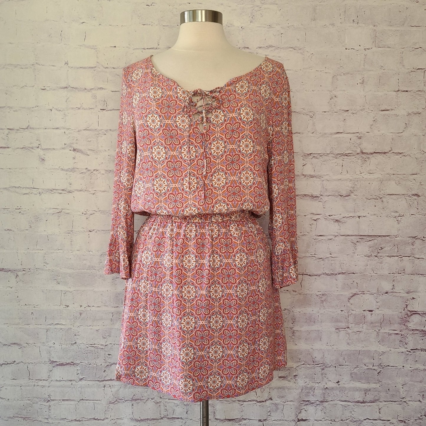 Sanctuary Pink Floral Mosaic Print Long Bell Sleeve Lace-Up V-Neck Dress Medium