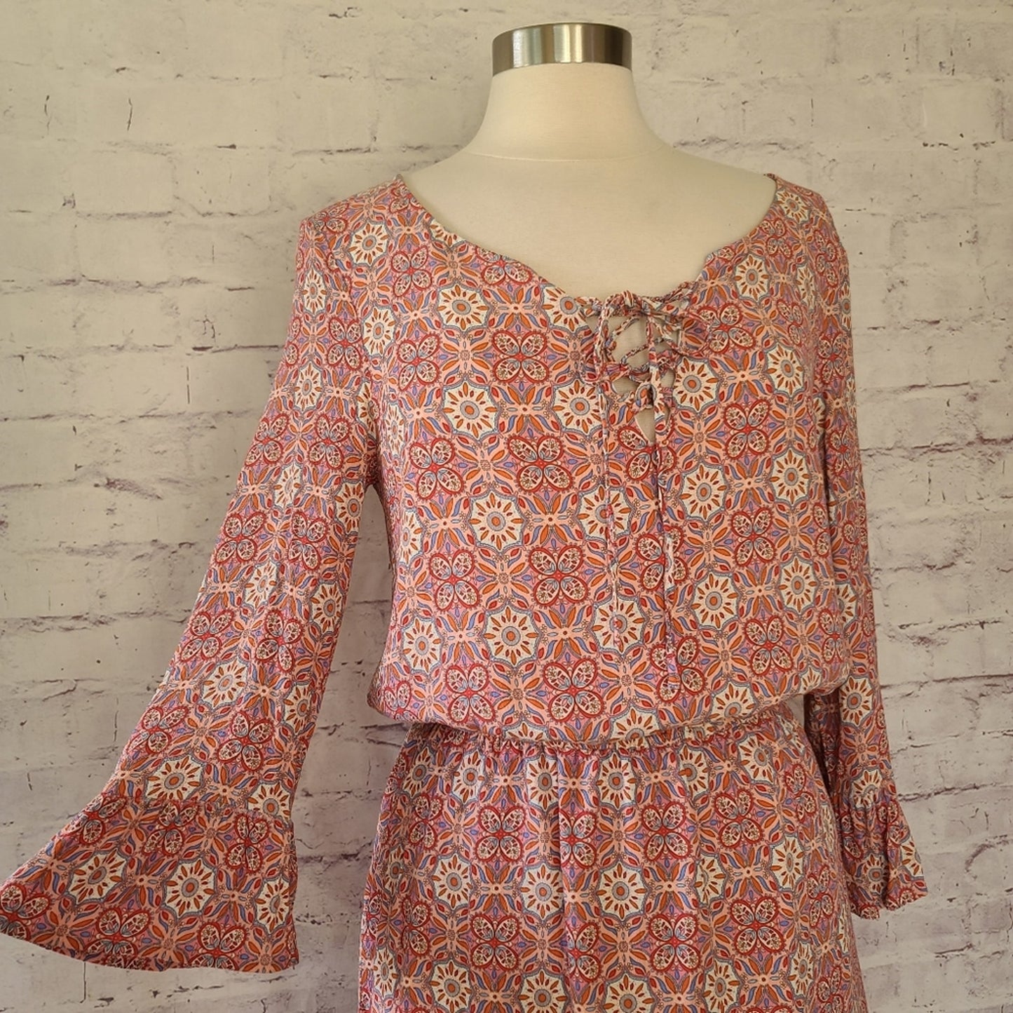 Sanctuary Pink Floral Mosaic Print Long Bell Sleeve Lace-Up V-Neck Dress Medium
