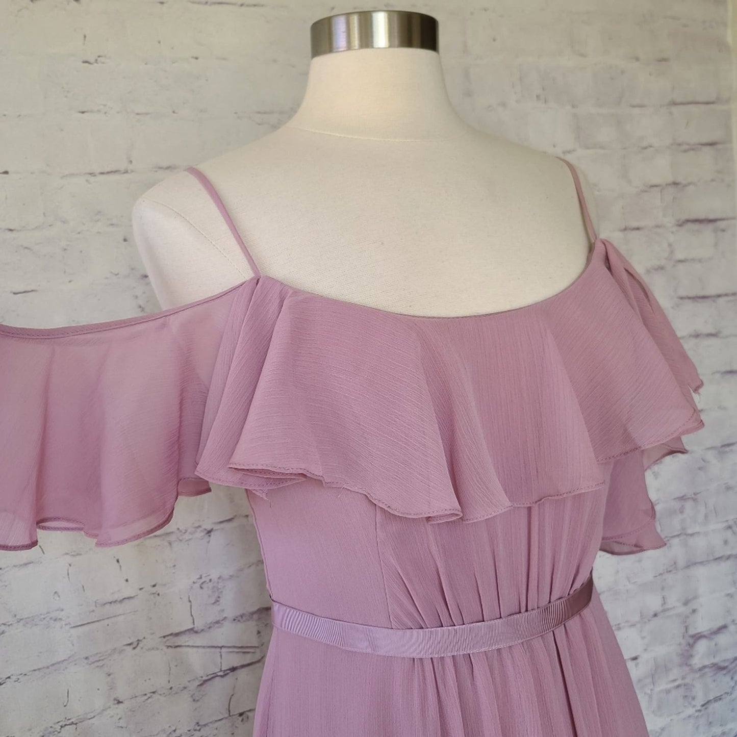 NWT David's Bridal Cold Shoulder Flutter Sleeve Chiffon Long Bridesmaid Dress 6
