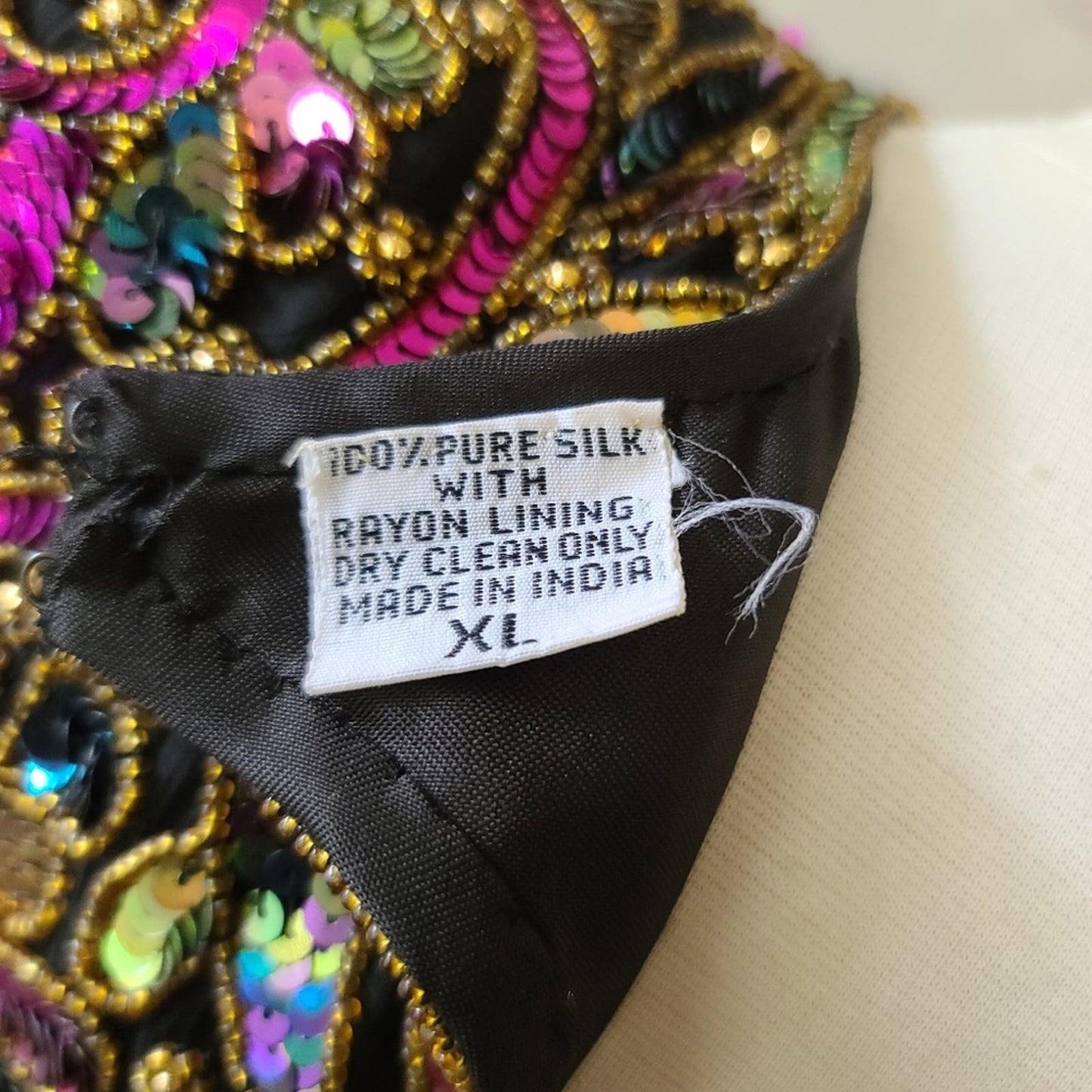 Vintage Laurance Kazar Silk Sequin Beaded Short Sleeve Shift Dress XL