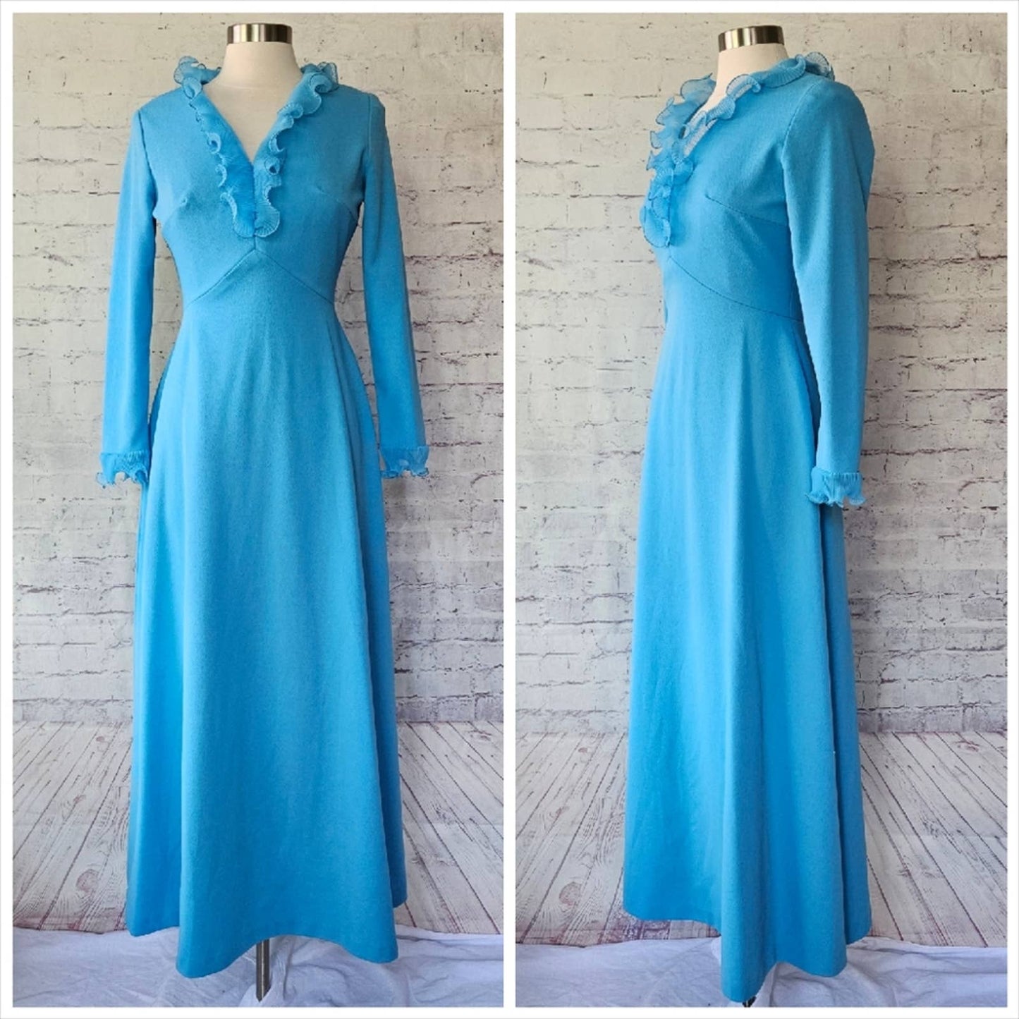 Vintage 70s Sky Blue Micropleat Ruffle Long Sleeve Maxi Dress ILGWU Made in USA