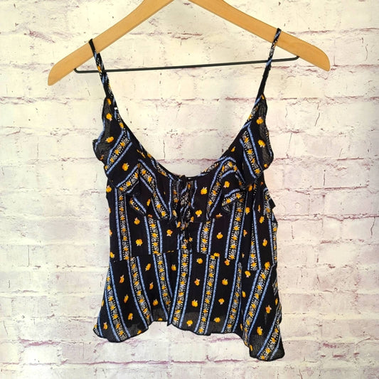 NWT Intimately Free People Love To Love Black Floral Stripe Ruffle Hem Tank Smal