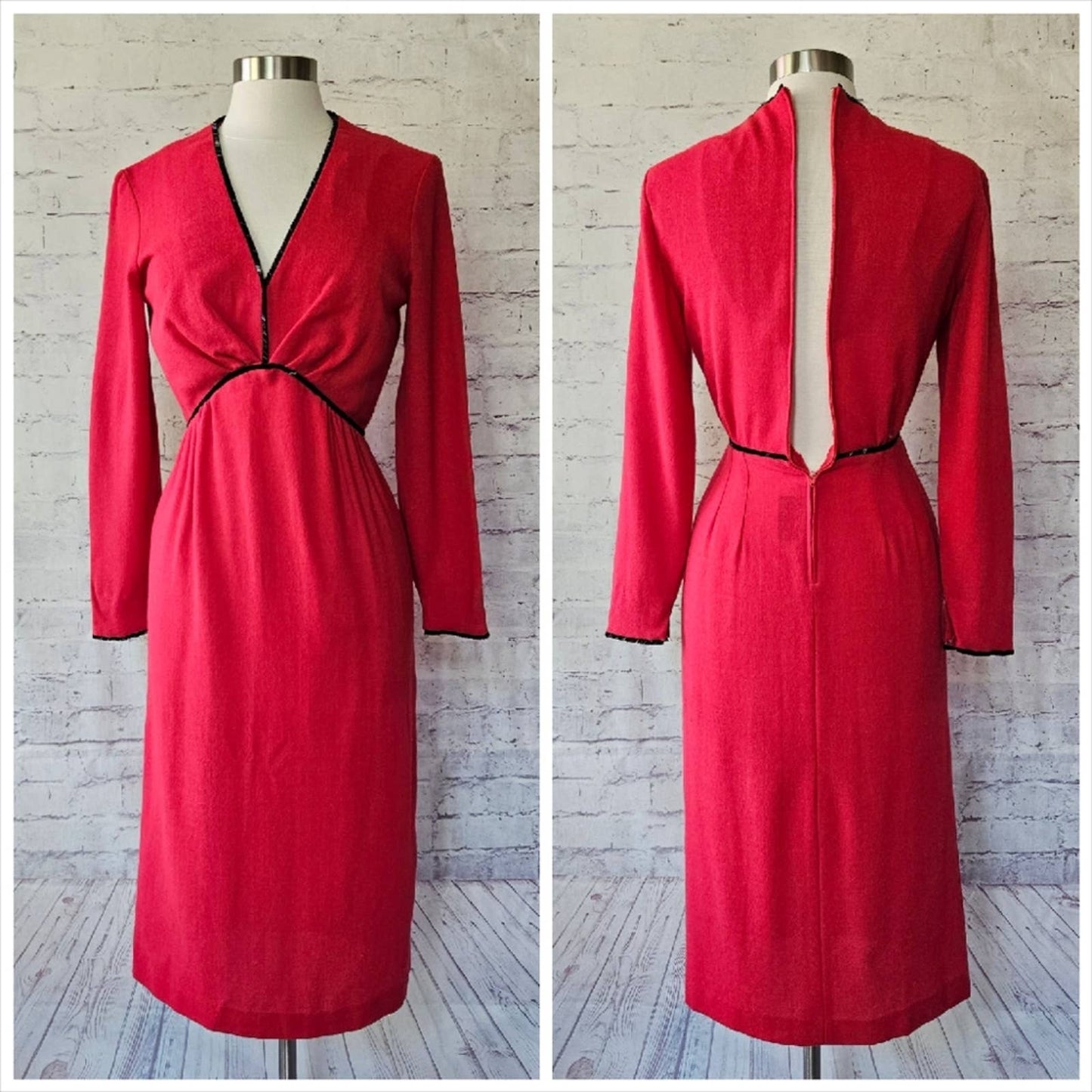 Vintage Harold Levine Boutique Pink Wool Long Sleeve Shift Dress Black Beading