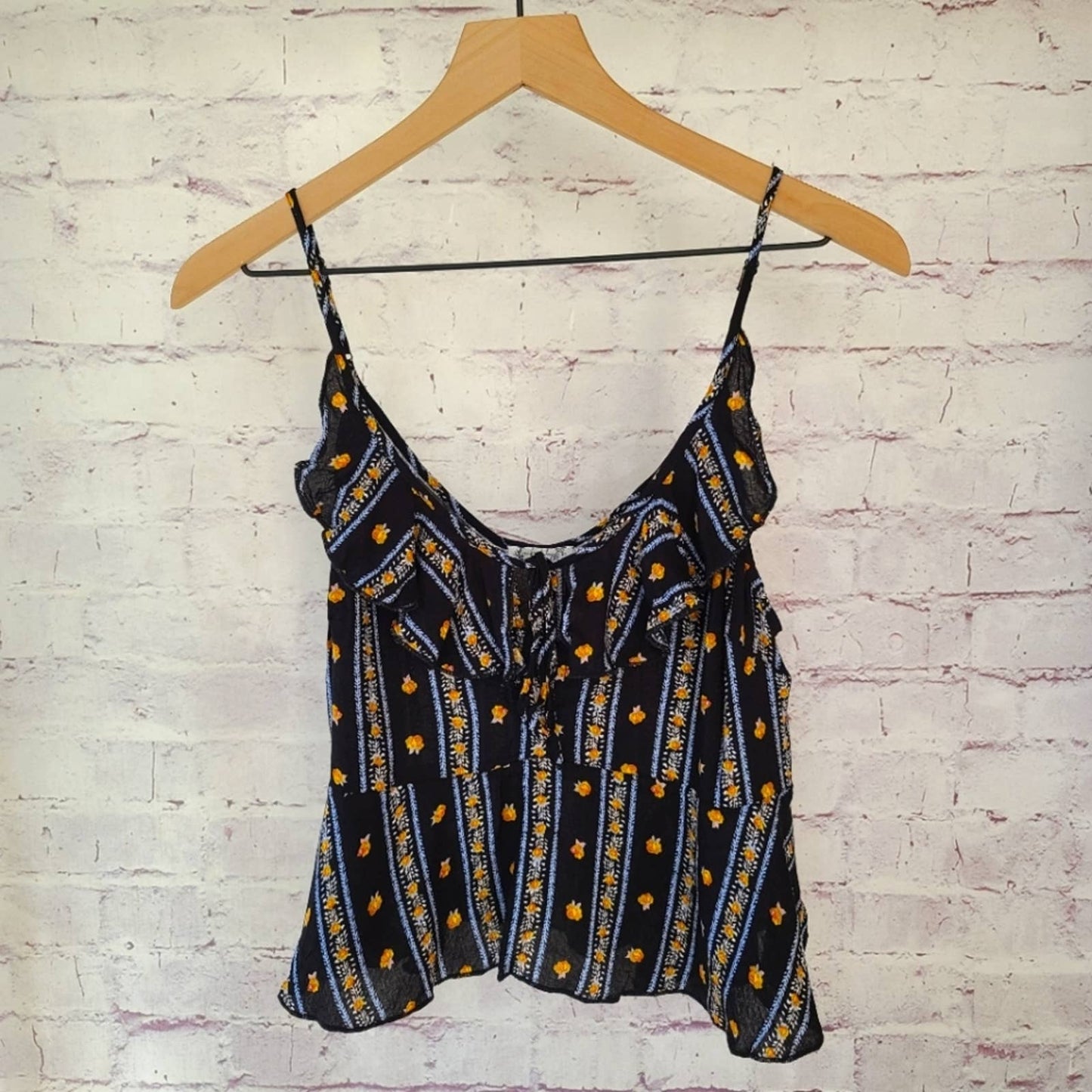 NWT Intimately Free People Love To Love Black Floral Stripe Ruffle Hem Tank Smal