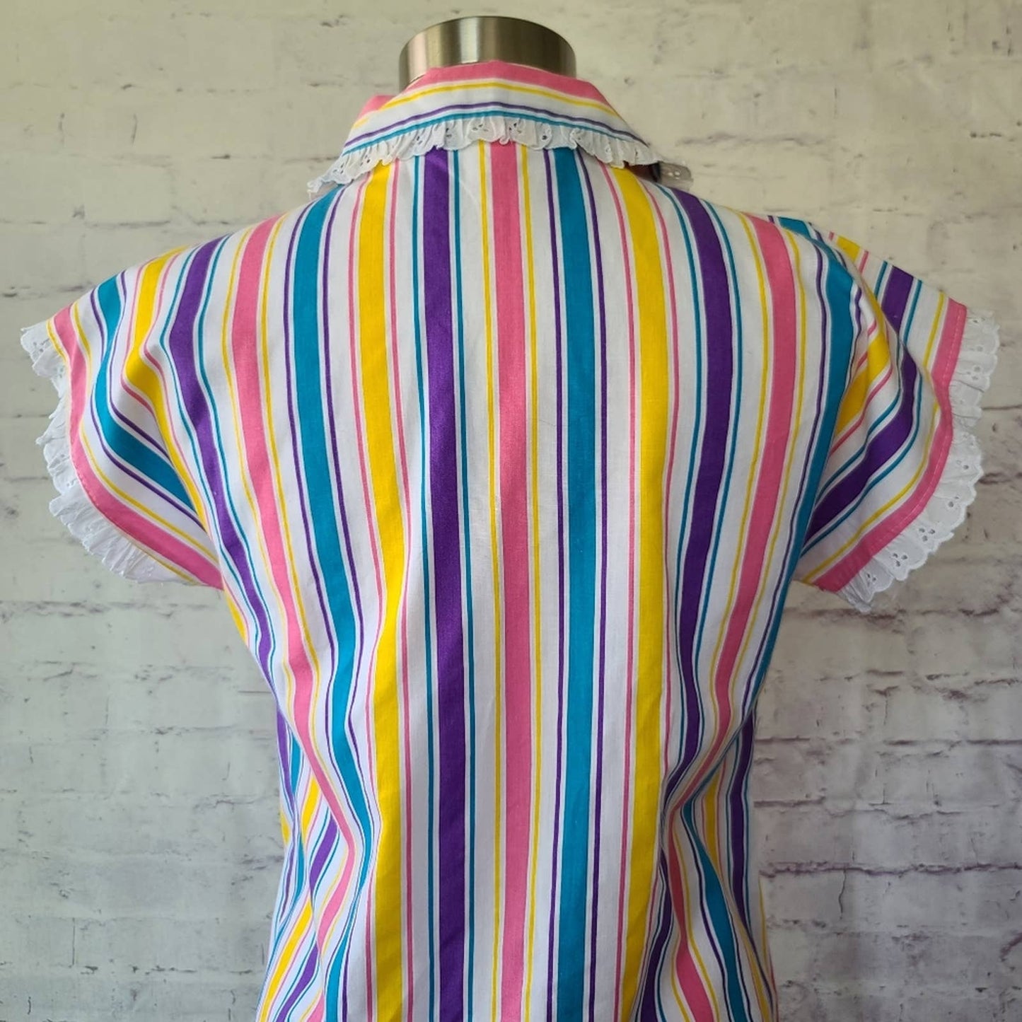 Vintage 80s J.F.I. Colorful Stripe Short Sleeve Button Front Top Lace Trim Small