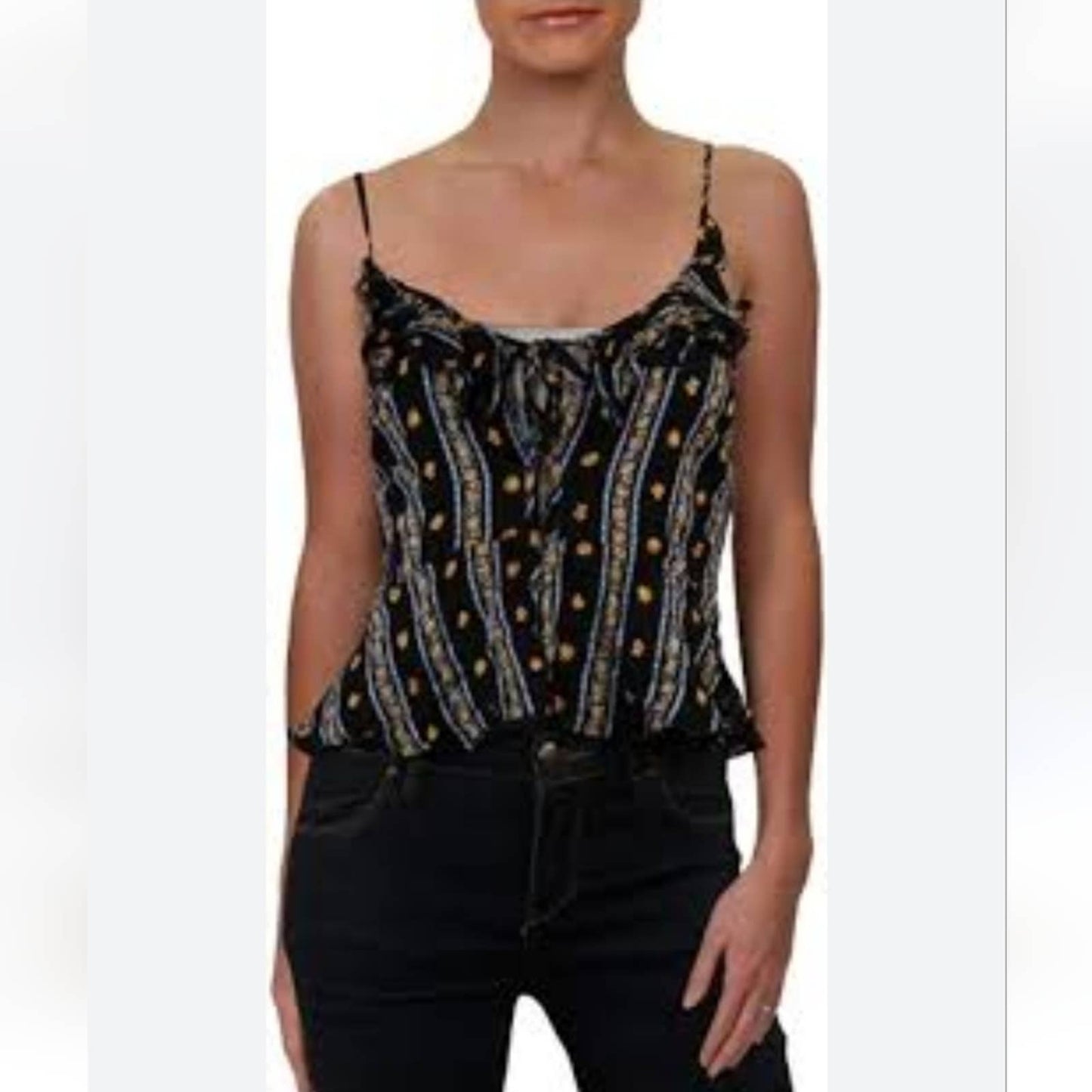 NWT Intimately Free People Love To Love Black Floral Stripe Ruffle Hem Tank Smal