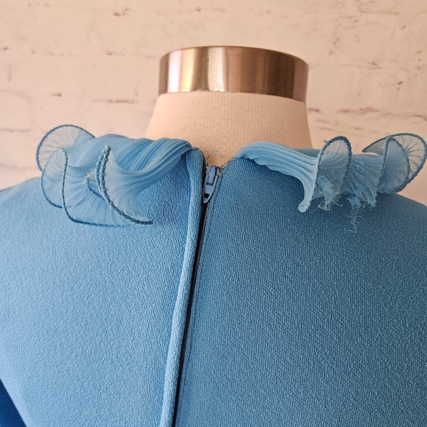 Vintage 70s Sky Blue Micropleat Ruffle Long Sleeve Maxi Dress ILGWU Made in USA