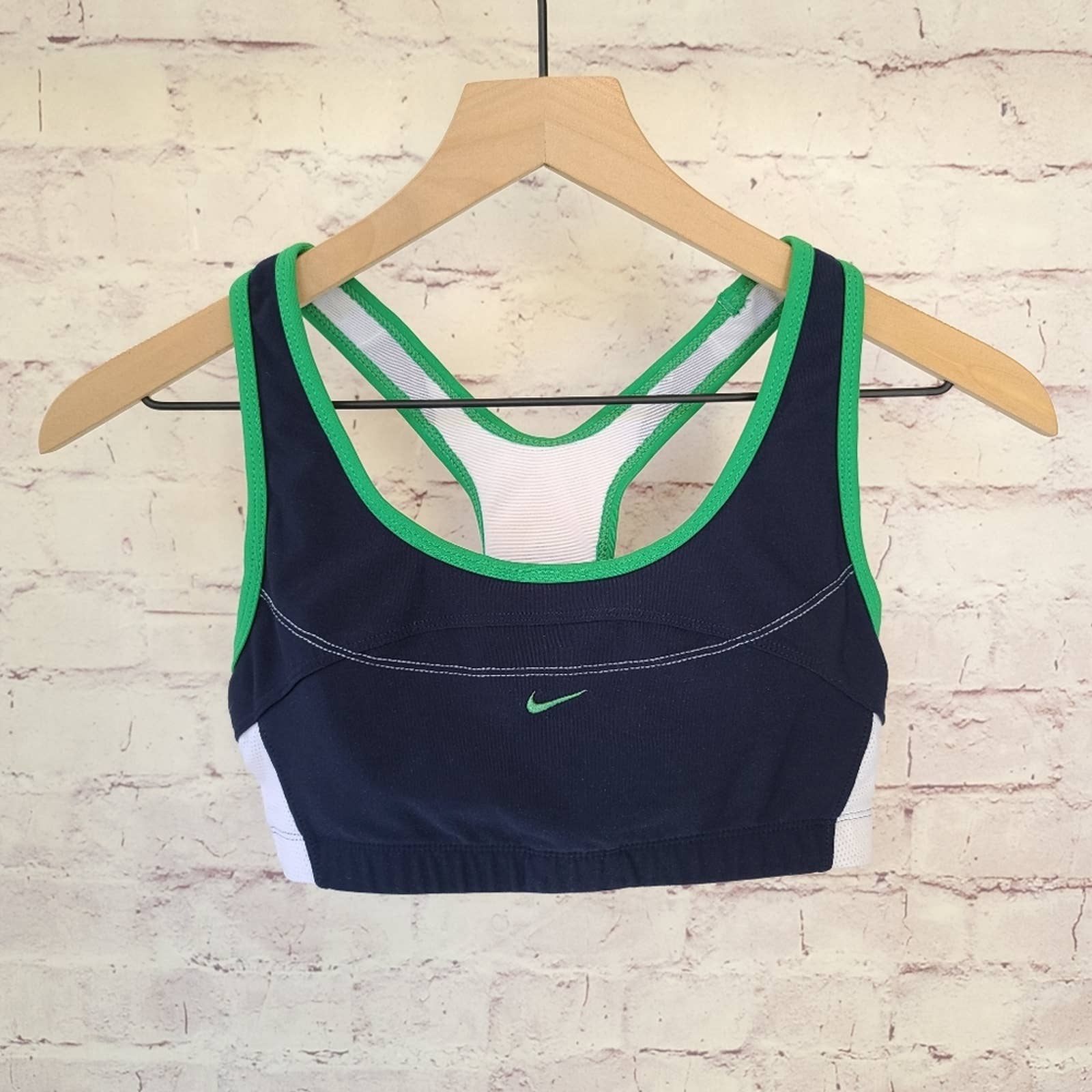 Nike Navy Green White Colorblock Center Swoosh Dri-Fit Sports Bra