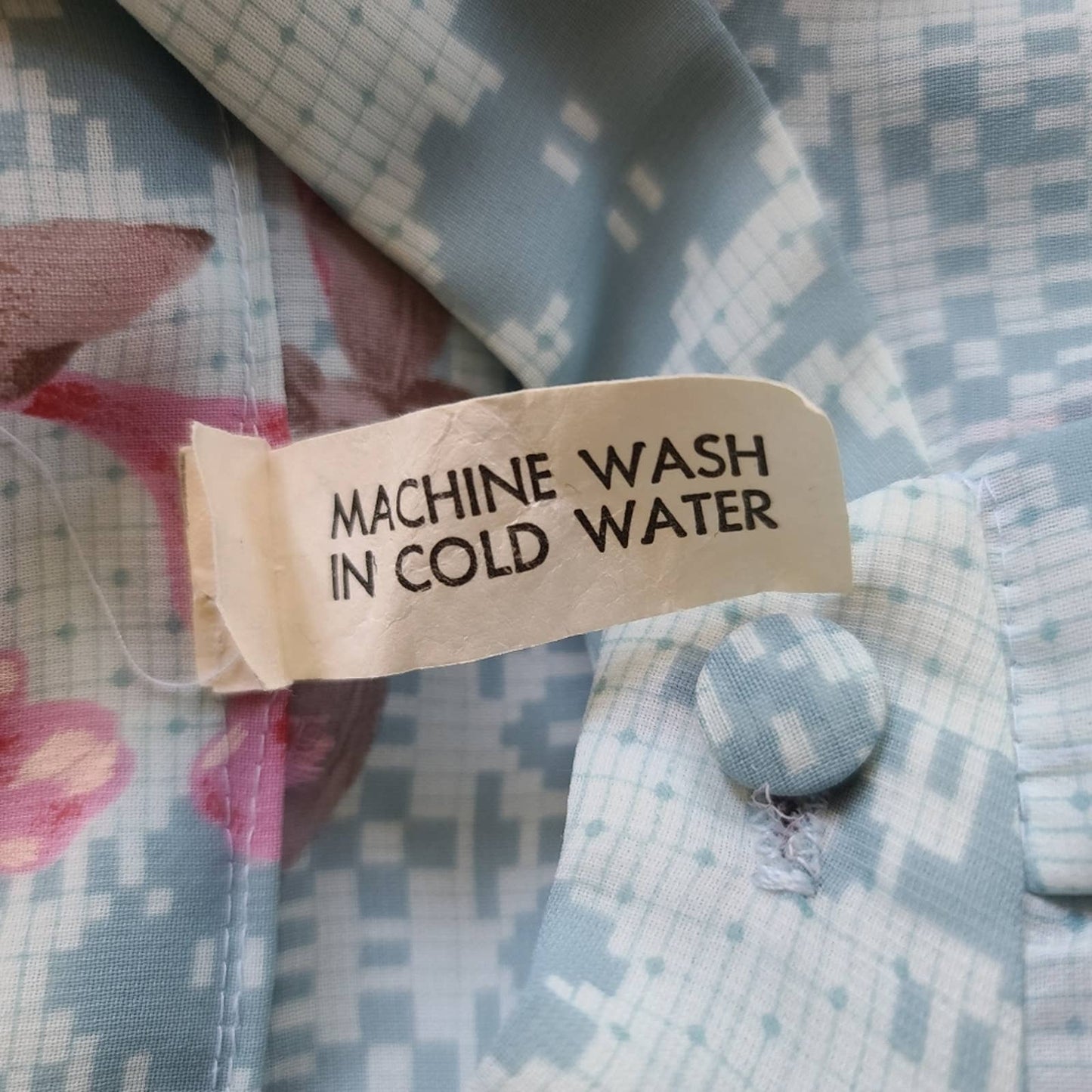 Vintage 1970s Semi Sheer Long Sleeve Blue Pink Floral Print Dress Ruffle Cuff 12