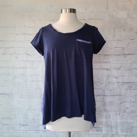 Anthropologie One September Navy Mixed Material Pleated Back Swing Tee Medium