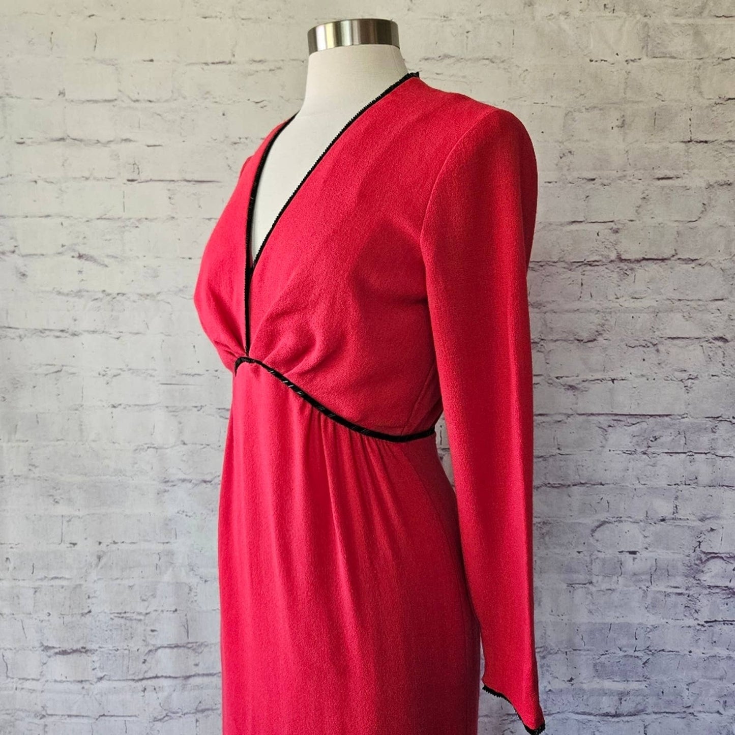 Vintage Harold Levine Boutique Pink Wool Long Sleeve Shift Dress Black Beading