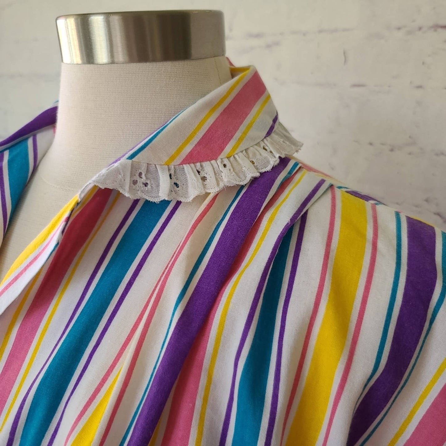 Vintage 80s J.F.I. Colorful Stripe Short Sleeve Button Front Top Lace Trim Small