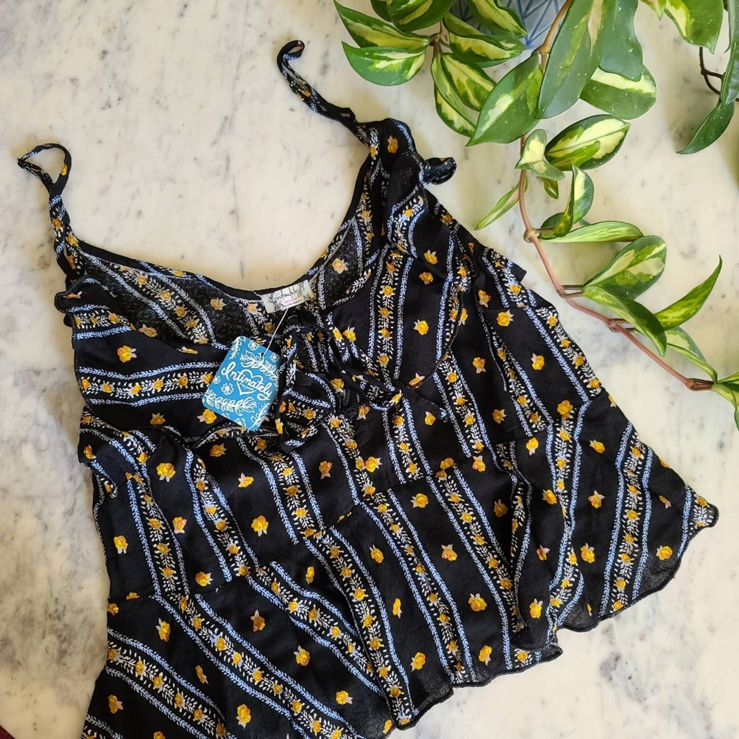 NWT Intimately Free People Love To Love Black Floral Stripe Ruffle Hem Tank Smal