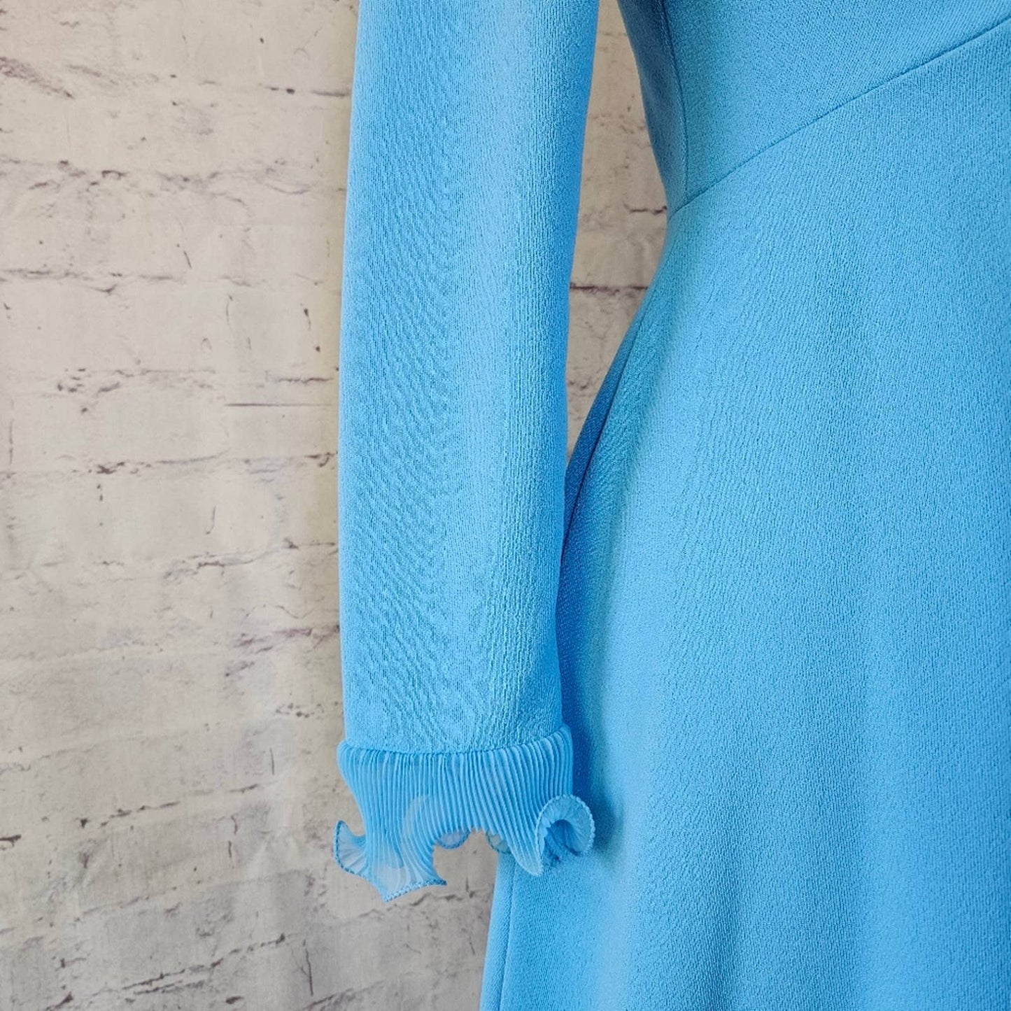 Vintage 70s Sky Blue Micropleat Ruffle Long Sleeve Maxi Dress ILGWU Made in USA
