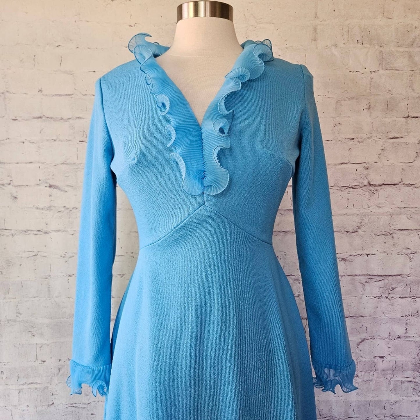 Vintage 70s Sky Blue Micropleat Ruffle Long Sleeve Maxi Dress ILGWU Made in USA