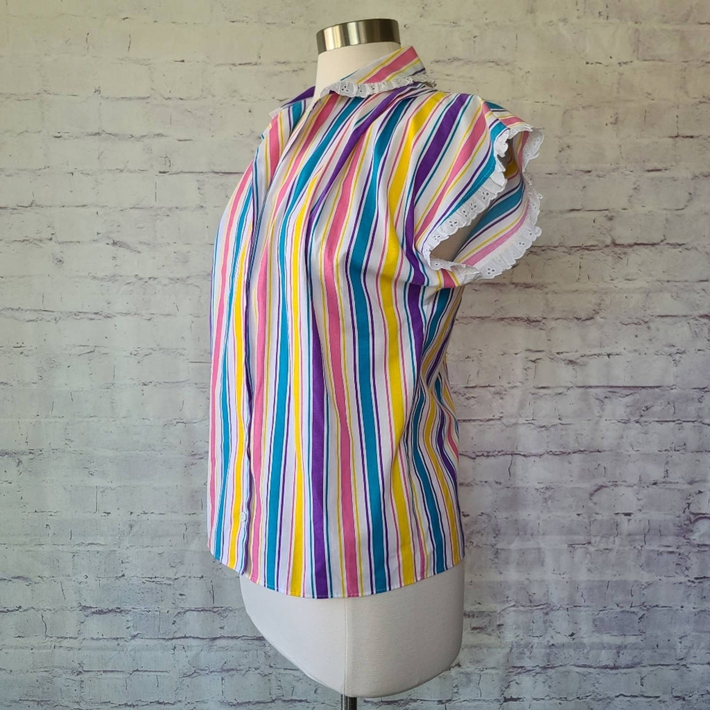 Vintage 80s J.F.I. Colorful Stripe Short Sleeve Button Front Top Lace Trim Small