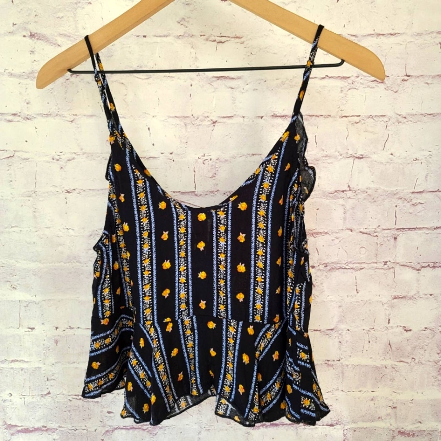 NWT Intimately Free People Love To Love Black Floral Stripe Ruffle Hem Tank Smal