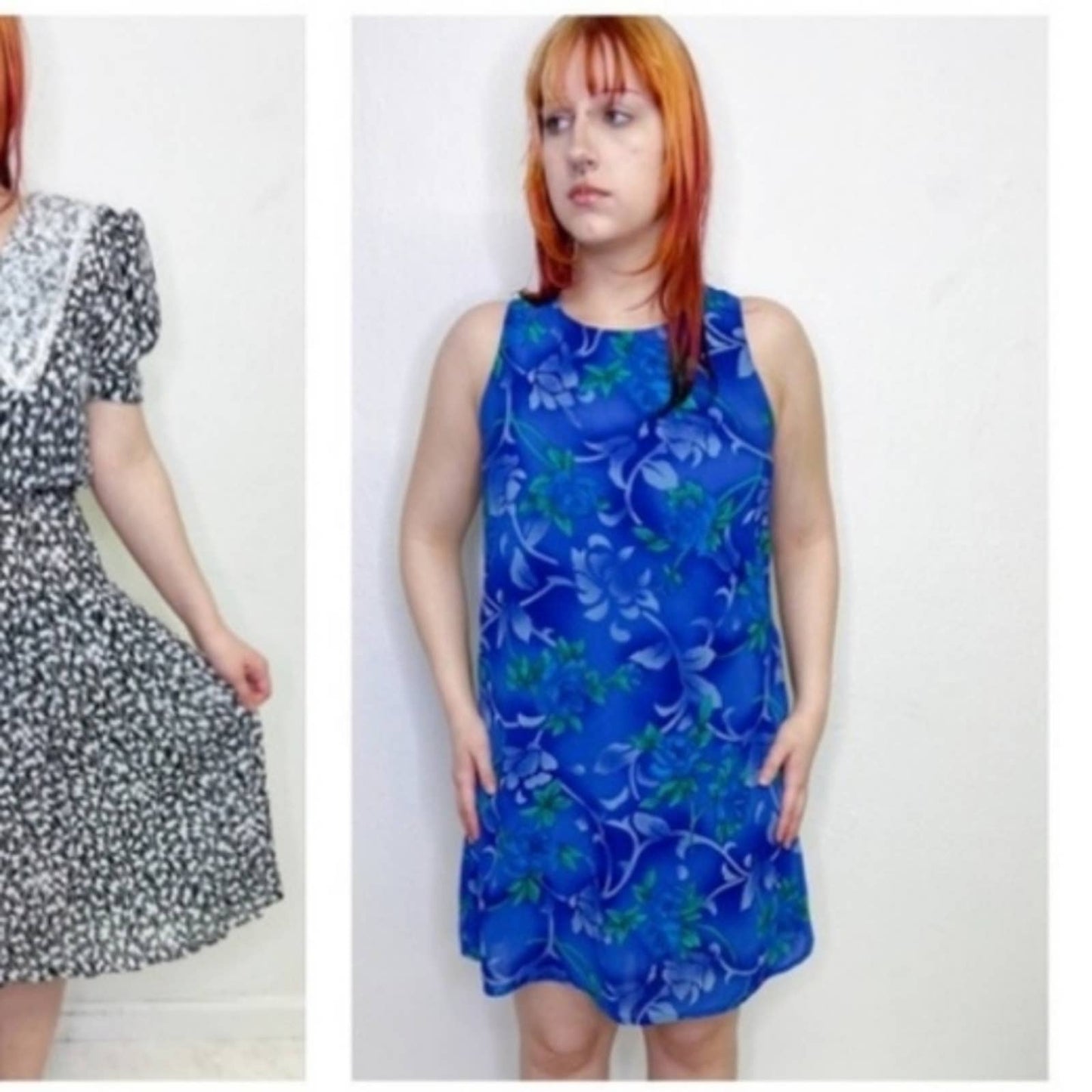Vintage 90s All That Jazz Blue Teal Floral Sleeveless Shift Dress