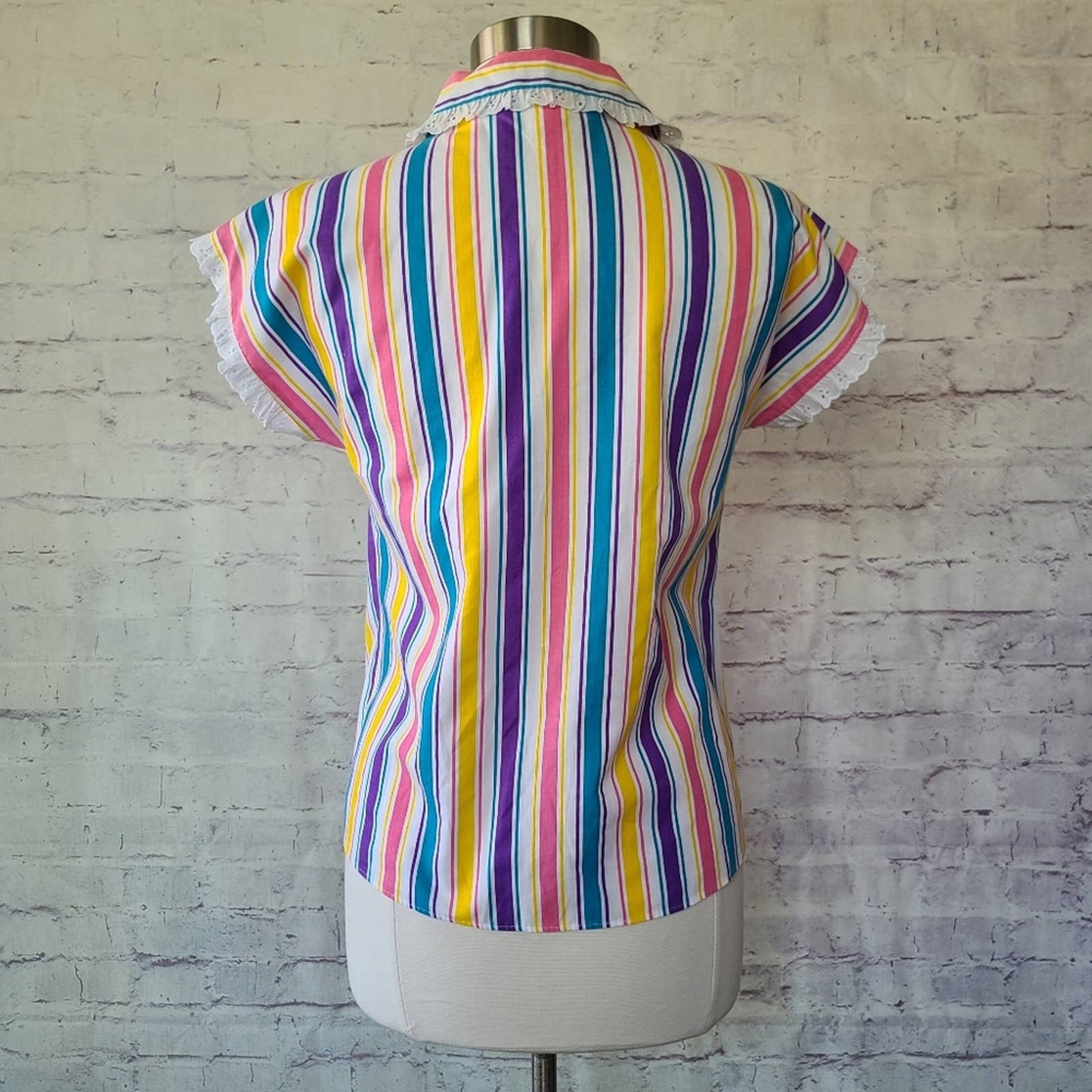 Vintage 80s J.F.I. Colorful Stripe Short Sleeve Button Front Top Lace Trim Small