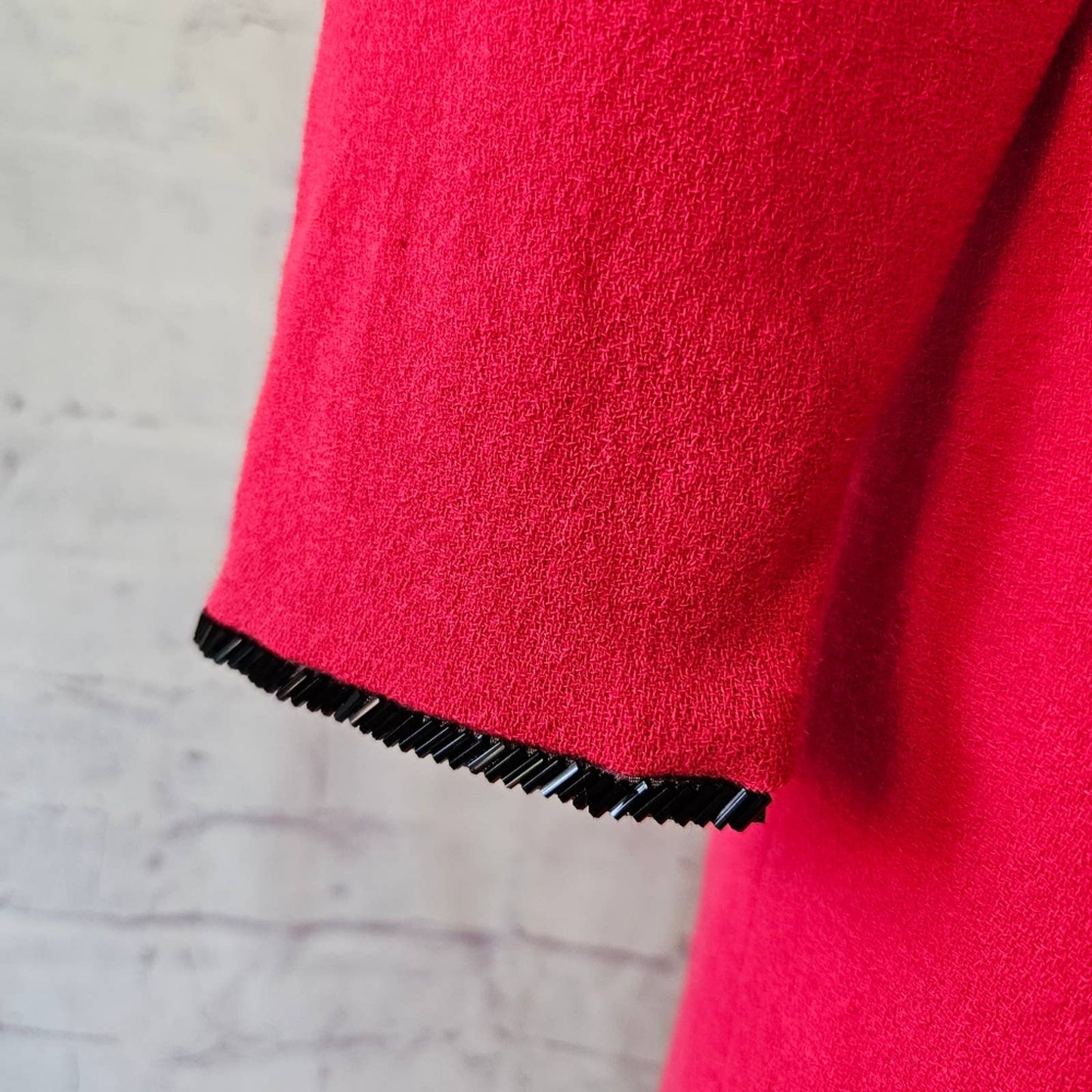 Vintage Harold Levine Boutique Pink Wool Long Sleeve Shift Dress Black Beading