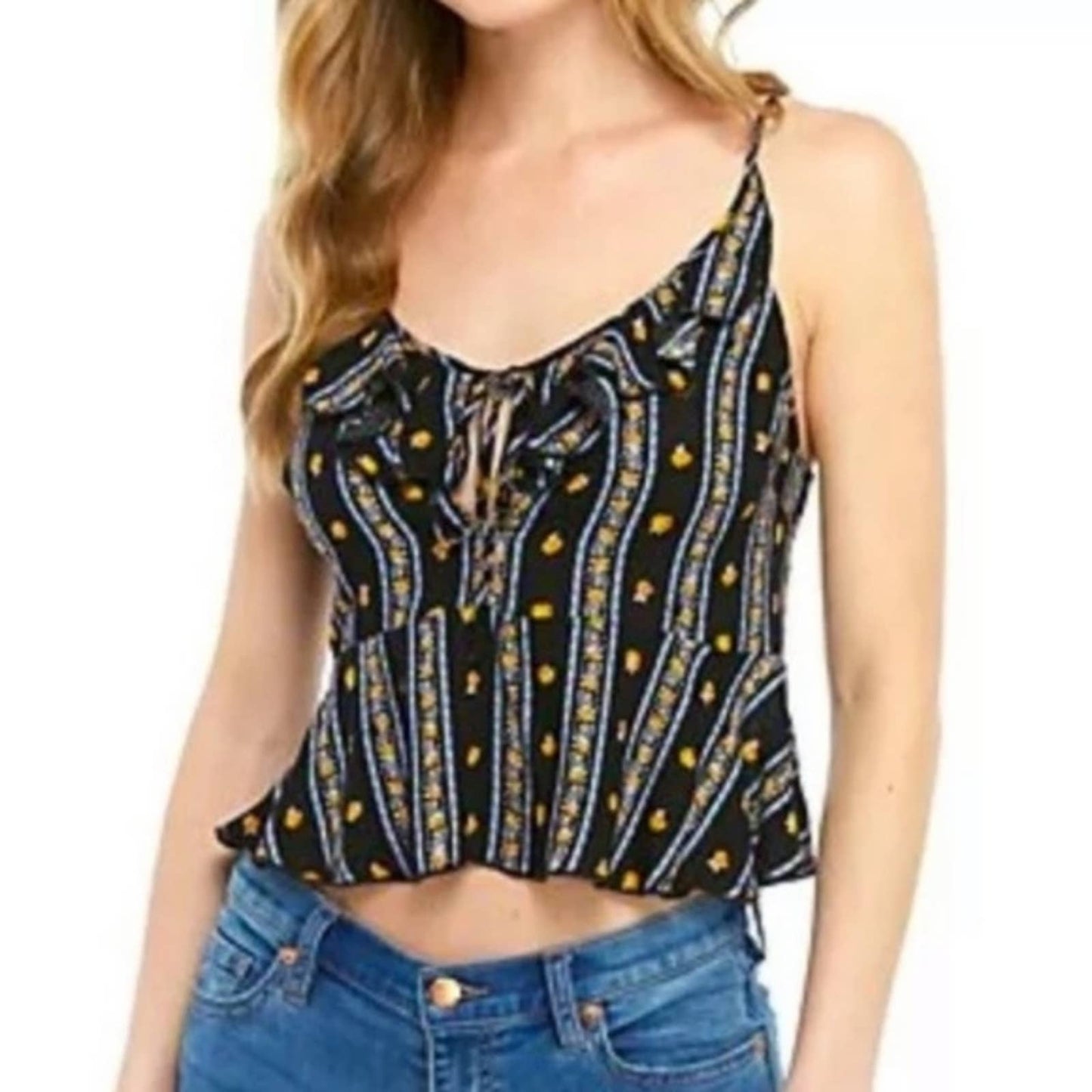 NWT Intimately Free People Love To Love Black Floral Stripe Ruffle Hem Tank Smal