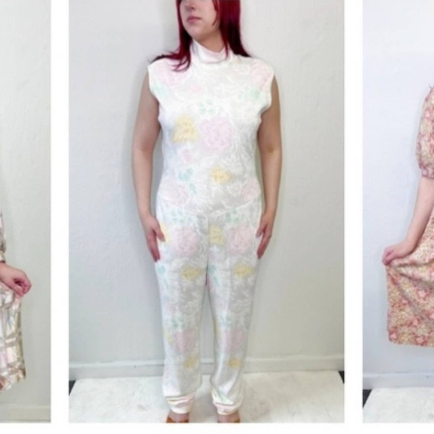 Vintage Avon Fashions 80s White Pastel Floral Knit Backless Jumpsuit M/L