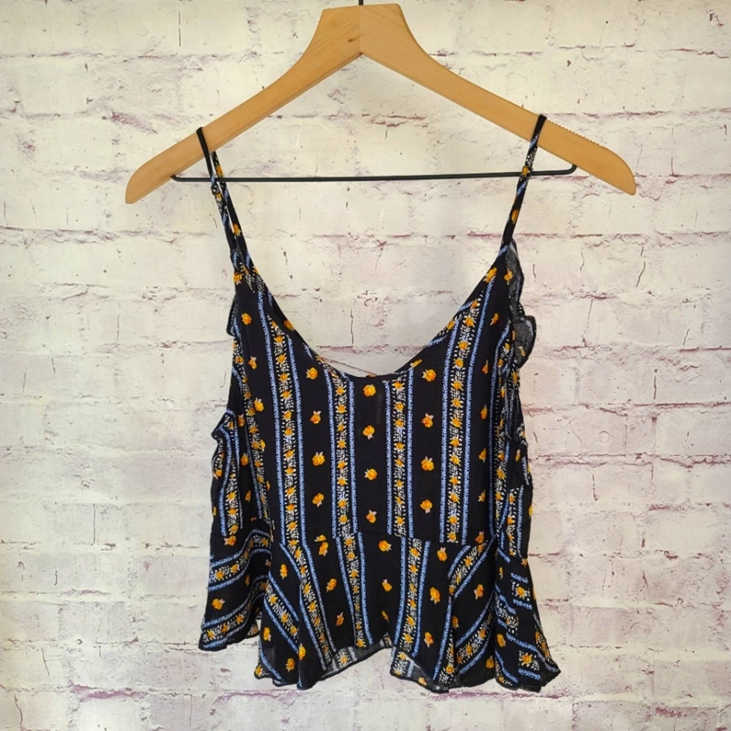 NWT Intimately Free People Love To Love Black Floral Stripe Ruffle Hem Tank Smal