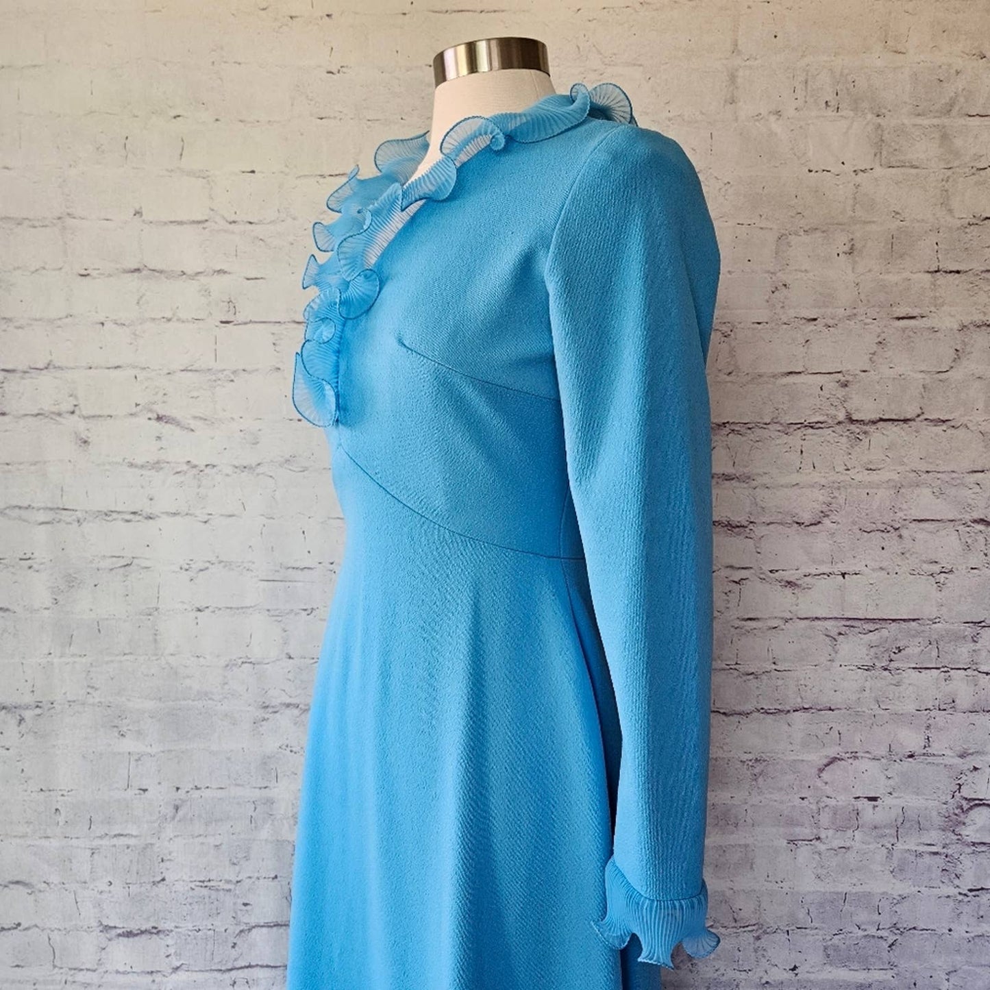 Vintage 70s Sky Blue Micropleat Ruffle Long Sleeve Maxi Dress ILGWU Made in USA