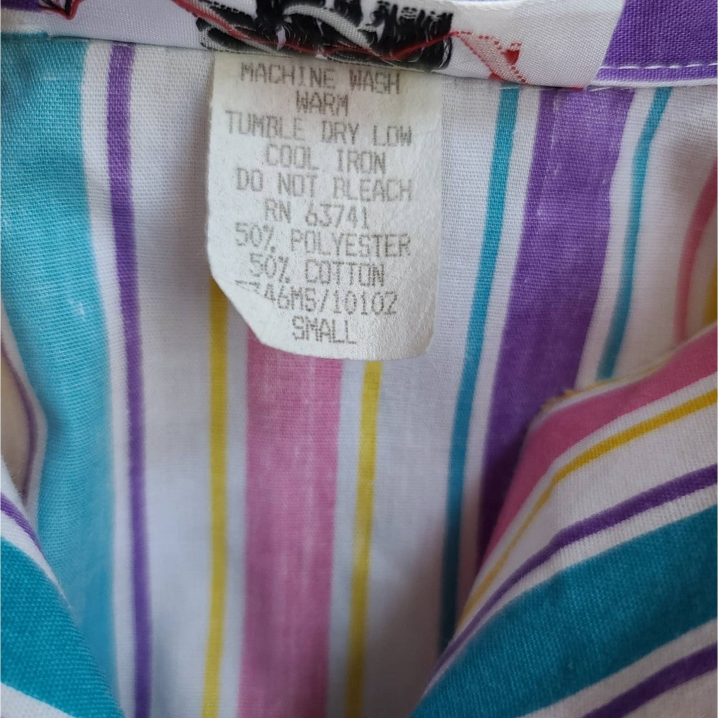 Vintage 80s J.F.I. Colorful Stripe Short Sleeve Button Front Top Lace Trim Small
