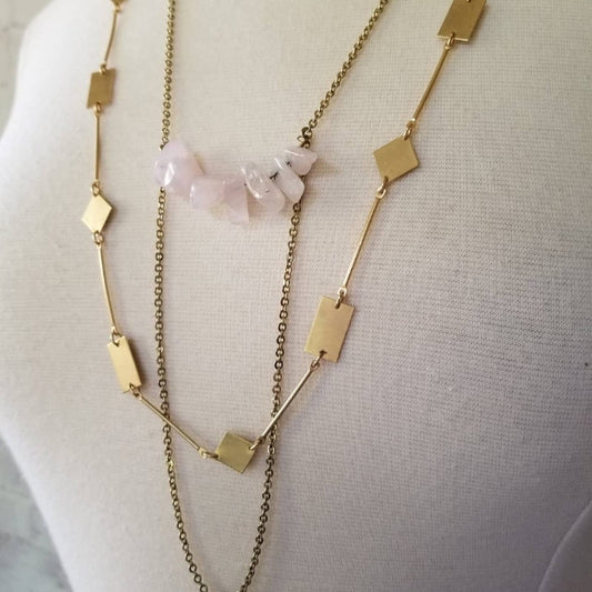 Gold Rose Quartz Stones and Cutout Shapes Layered Double Strand Chain Necklace