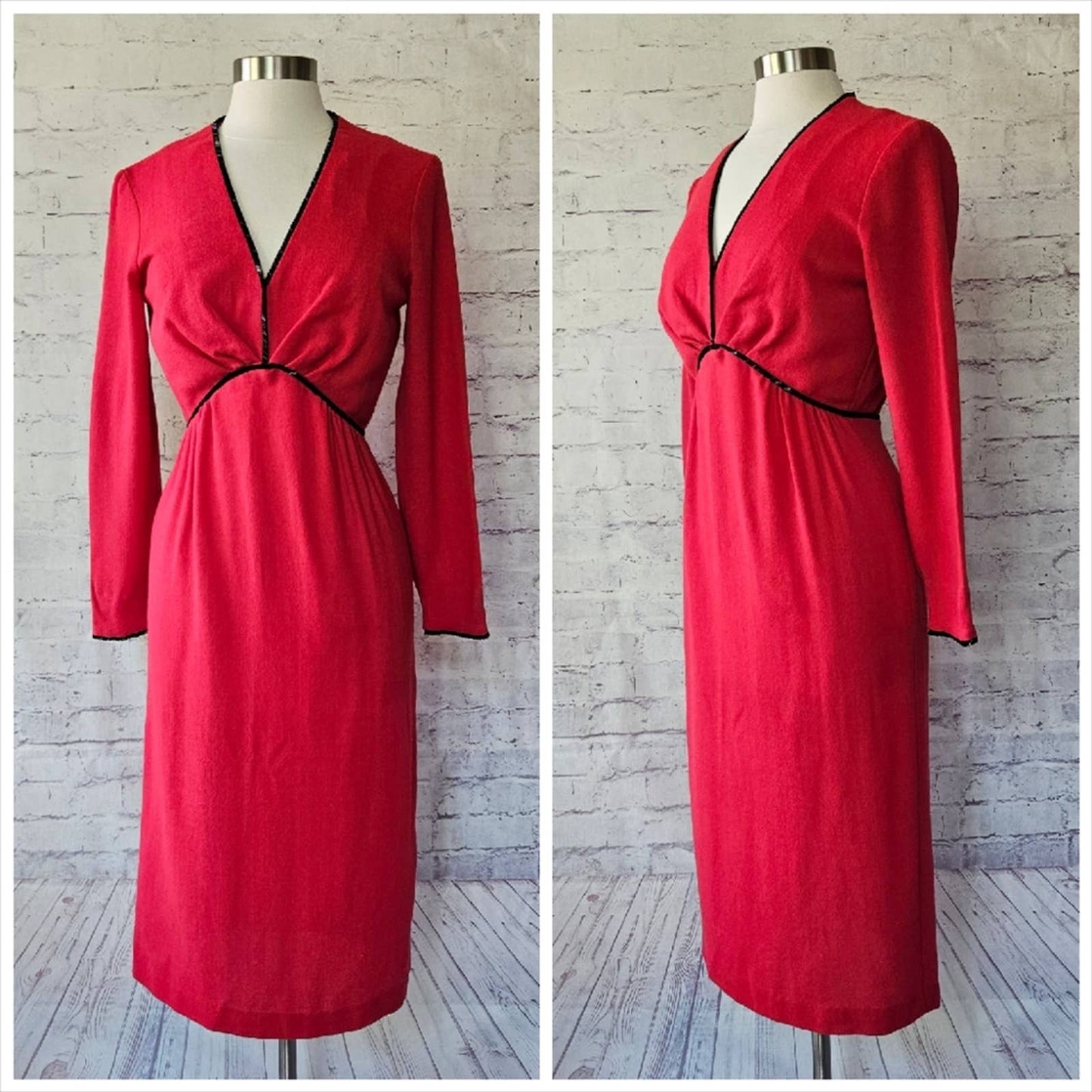 Vintage Harold Levine Boutique Pink Wool Long Sleeve Shift Dress Black Beading