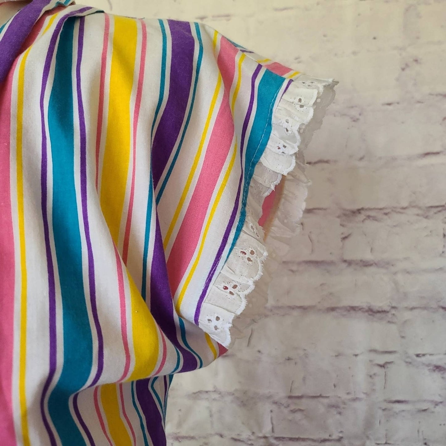 Vintage 80s J.F.I. Colorful Stripe Short Sleeve Button Front Top Lace Trim Small