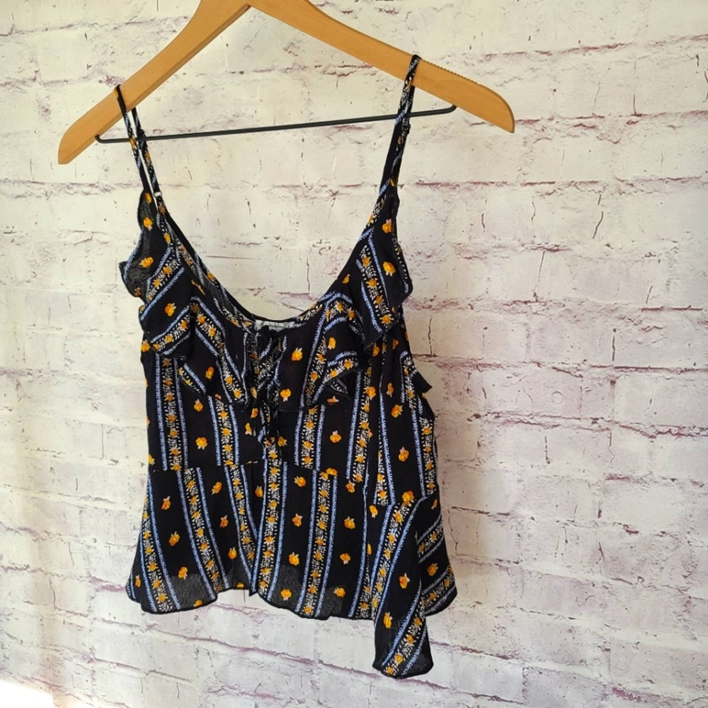 NWT Intimately Free People Love To Love Black Floral Stripe Ruffle Hem Tank Smal