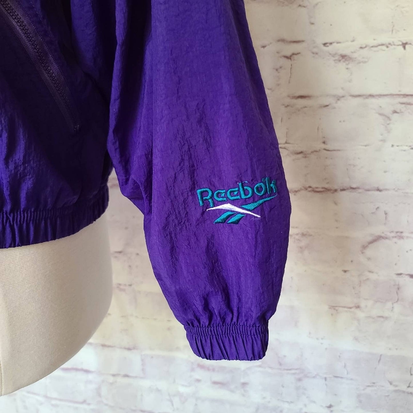 Vintage Reebok Purple Teal Zip Front Mock Neck Nylon Windbreaker Jacket