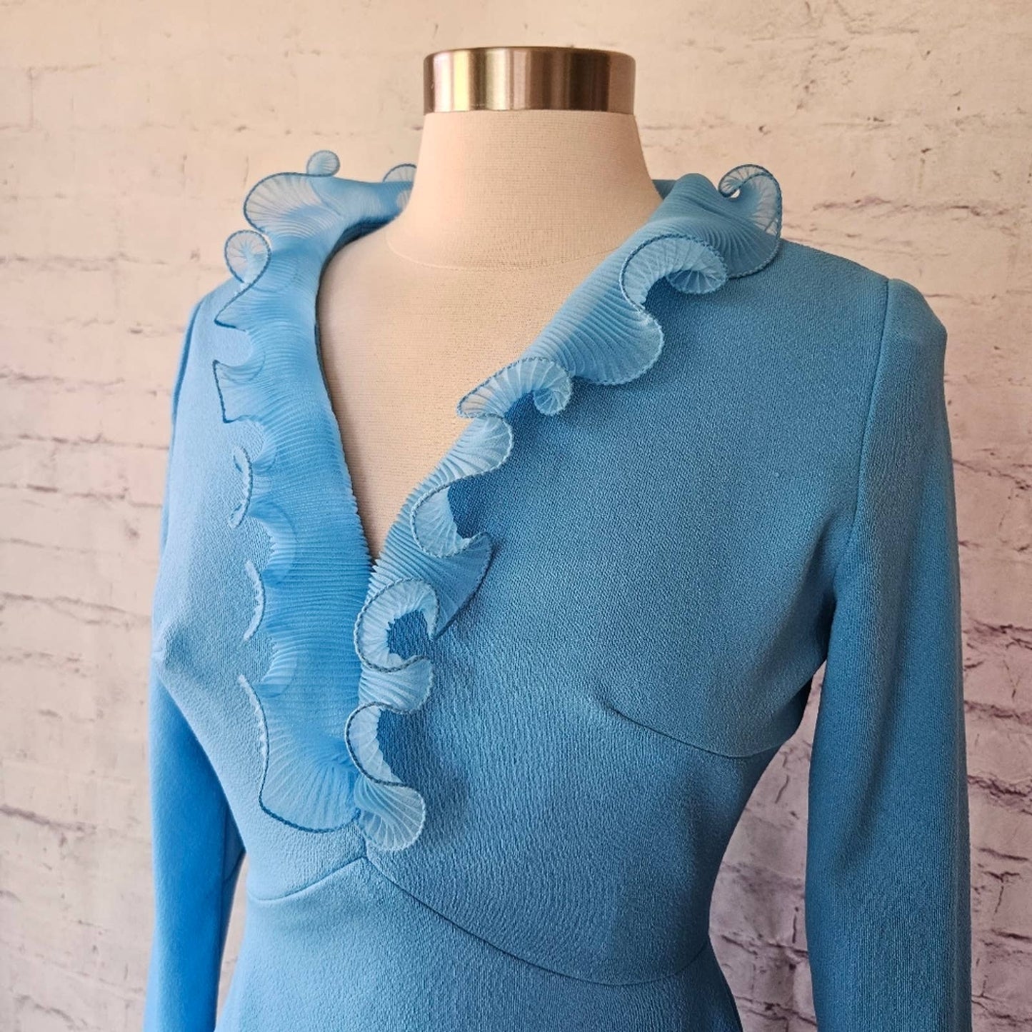 Vintage 70s Sky Blue Micropleat Ruffle Long Sleeve Maxi Dress ILGWU Made in USA