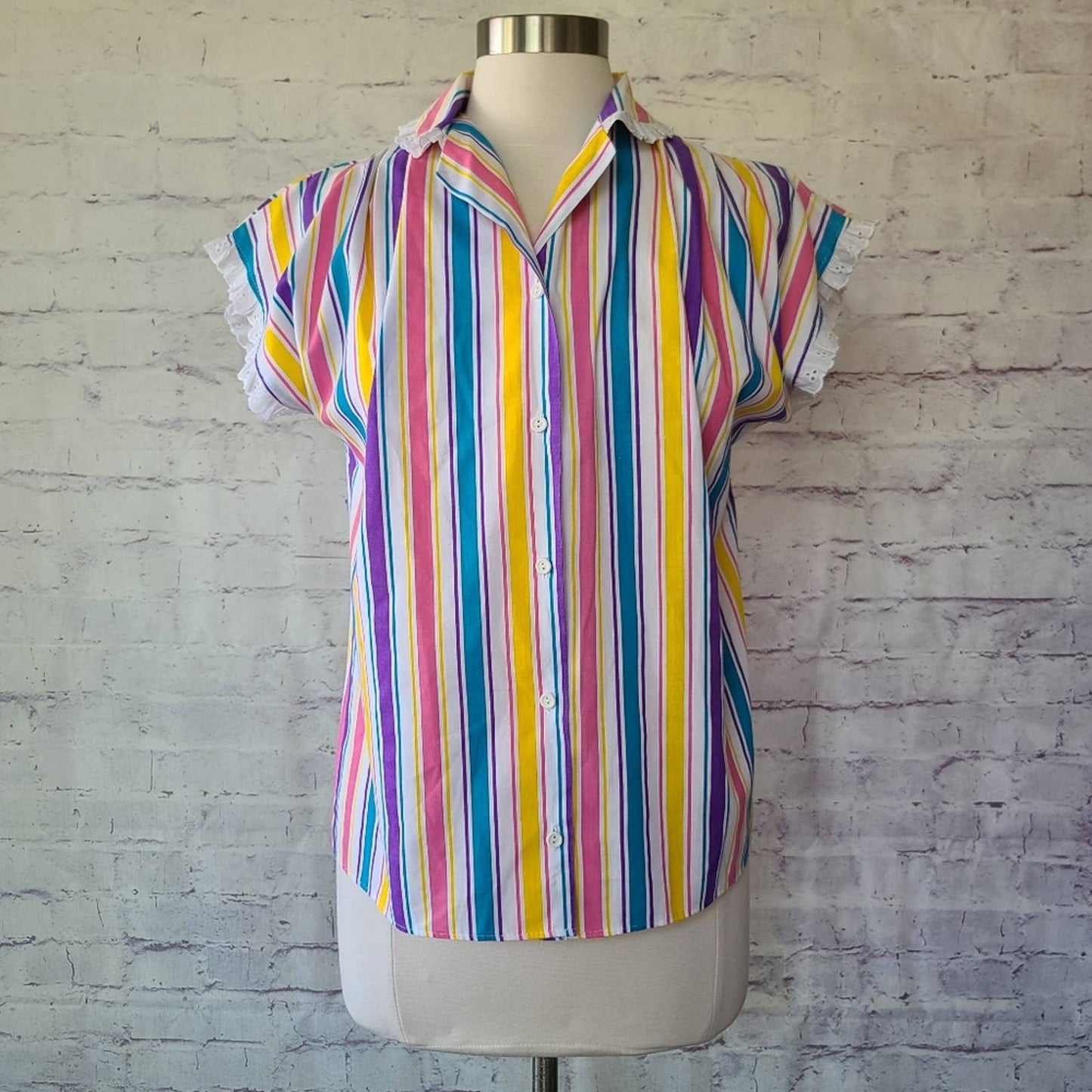 Vintage 80s J.F.I. Colorful Stripe Short Sleeve Button Front Top Lace Trim Small