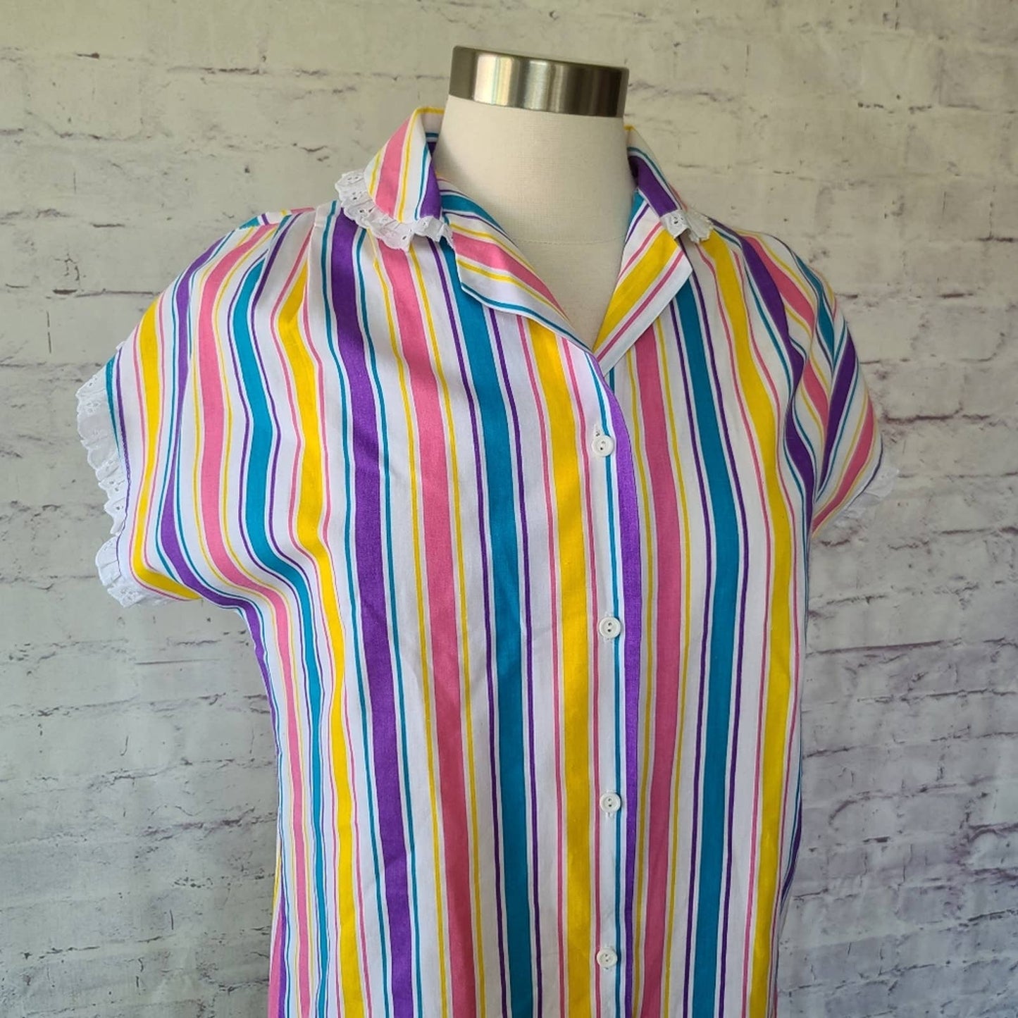 Vintage 80s J.F.I. Colorful Stripe Short Sleeve Button Front Top Lace Trim Small