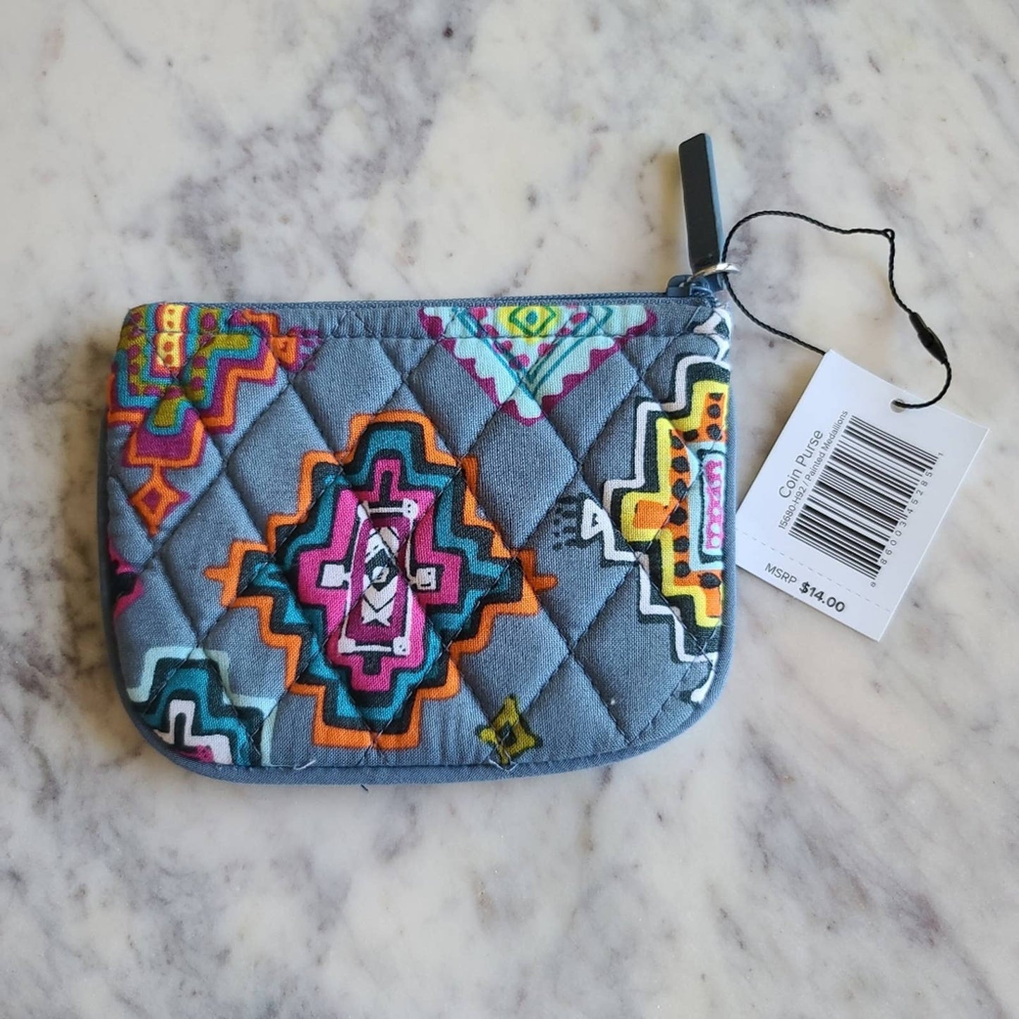 NWT Vera Bradley Quilted Coin Purse Zip Pouch Blue with Painted Medallio…