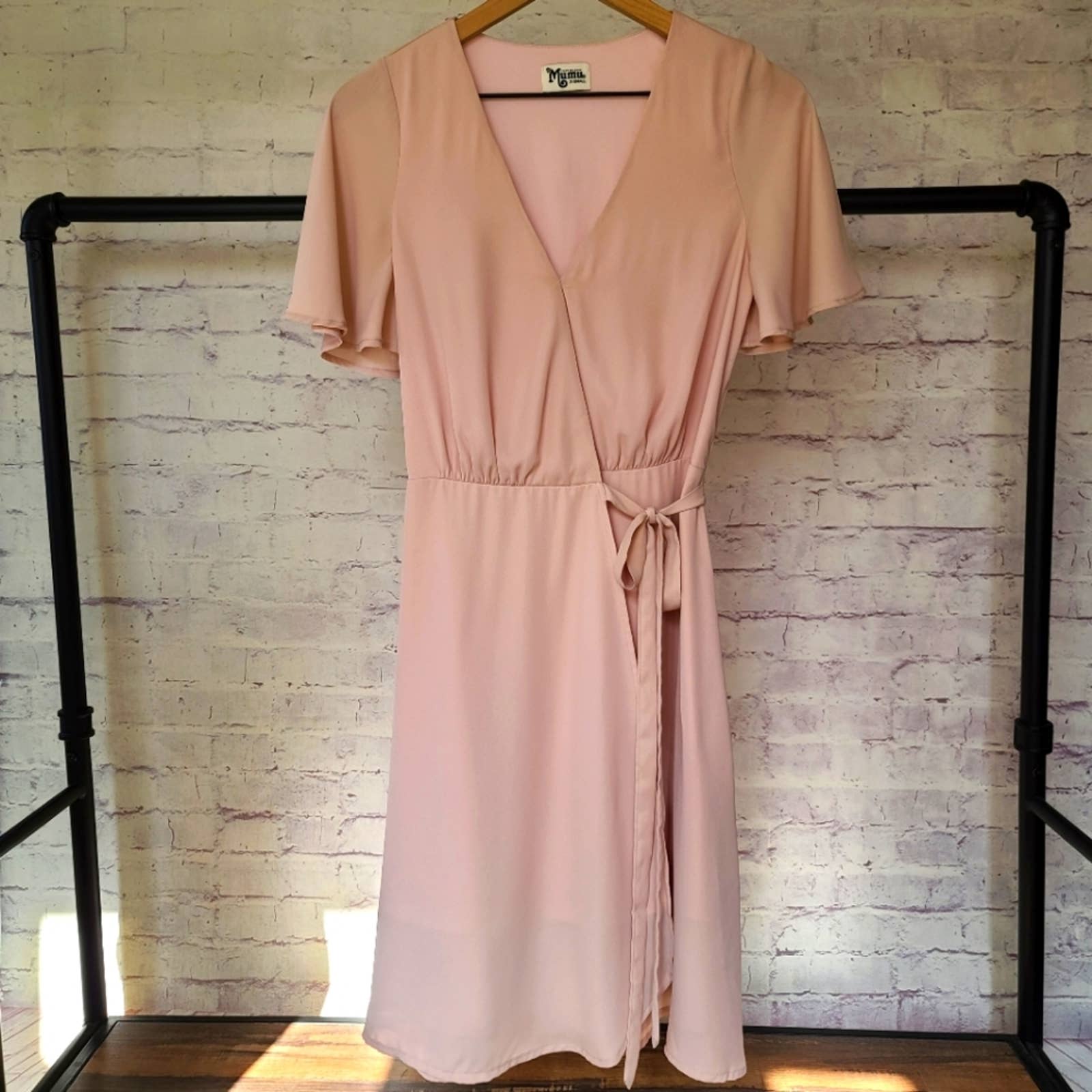 pink wrap dress short Plus Size Crepe Faux Wrap Sheath Dress With Floral Accent Short Sleeves In Pink Flambe