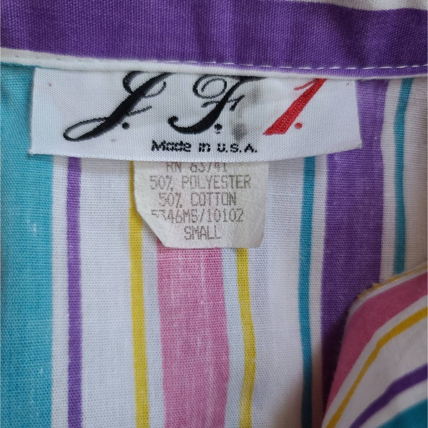 Vintage 80s J.F.I. Colorful Stripe Short Sleeve Button Front Top Lace Trim Small