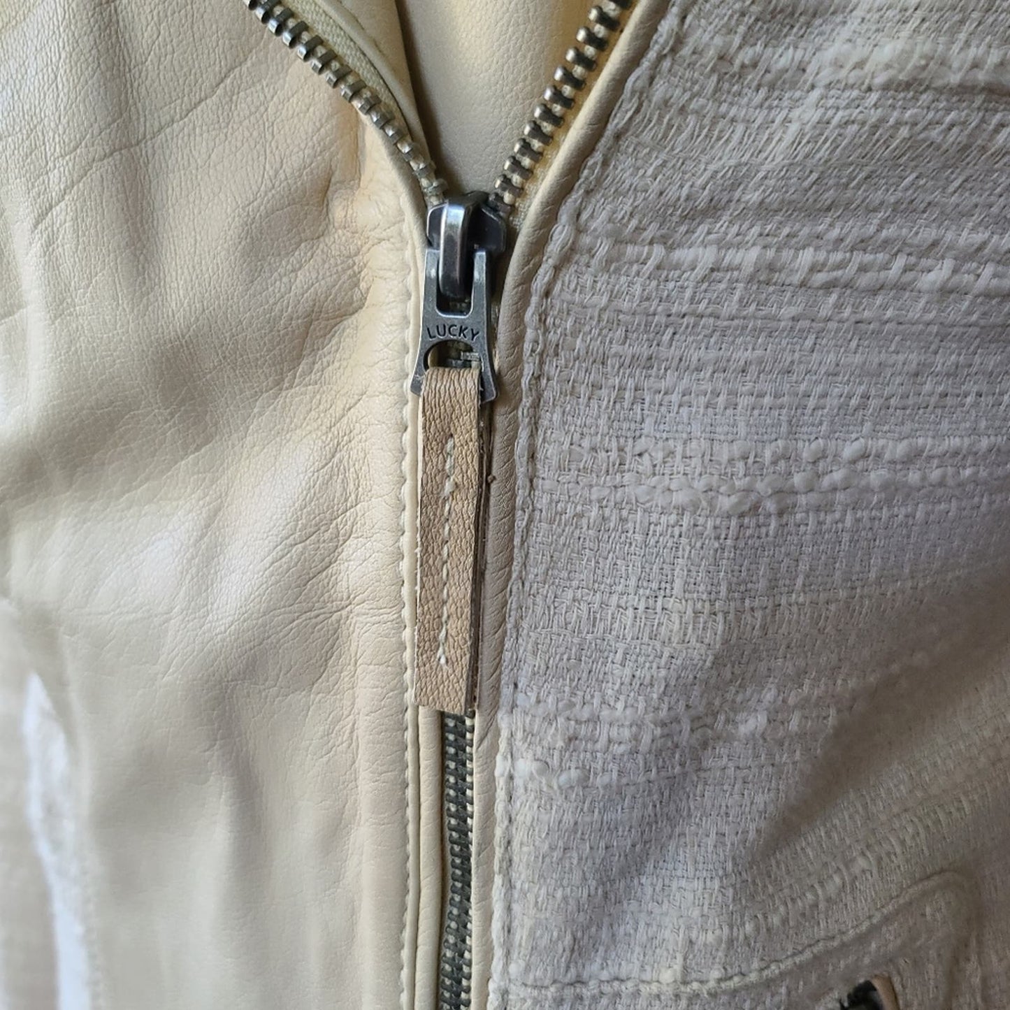 Lucky Brand Noa Cream Leather & Textile Asymmetric Zip Moto Jacket Small