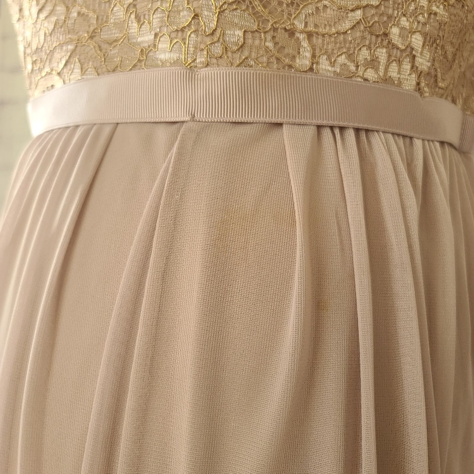 David's Bridal Gold Metallic Taupe Lace and Mesh Long Strapless Dress Sonderleigh David's Bridal Gold Metallic Taupe Lace and Mesh Long Strapless Dress Sonderleigh