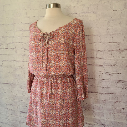 Sanctuary Pink Floral Mosaic Print Long Bell Sleeve Lace-Up V-Neck Dress Medium