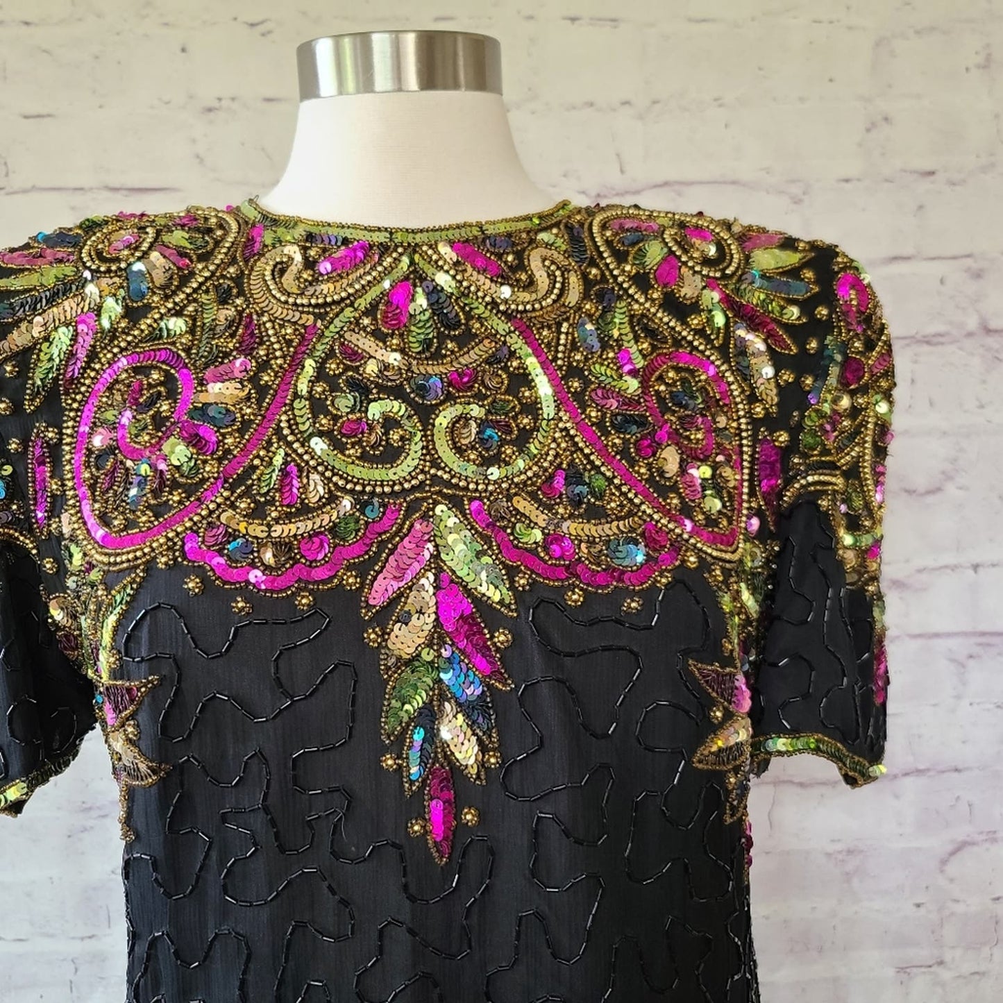 Vintage Laurance Kazar Silk Sequin Beaded Short Sleeve Shift Dress XL