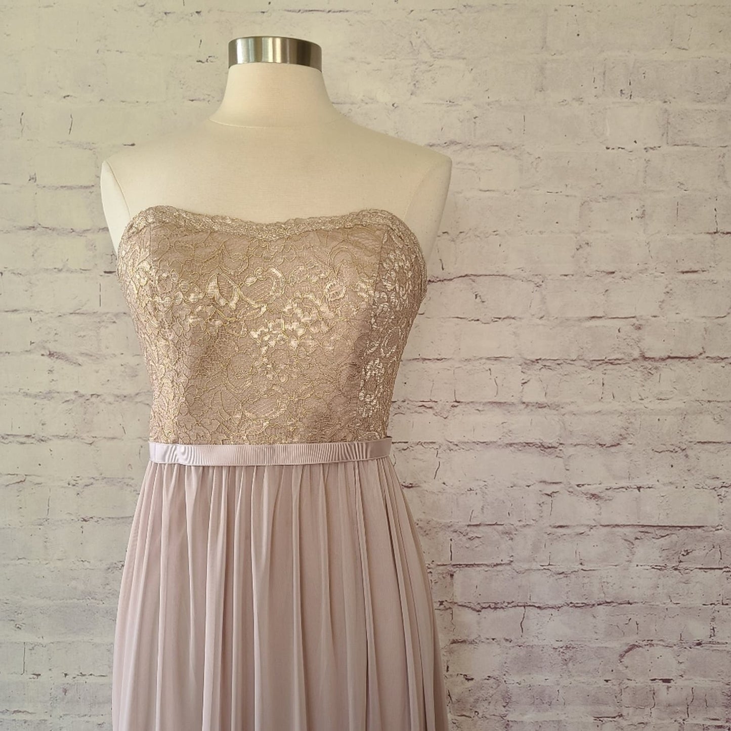 David's Bridal Gold Metallic Taupe Lace and Mesh Long Strapless Dress Sonderleigh David's Bridal Gold Metallic Taupe Lace and Mesh Long Strapless Dress Sonderleigh