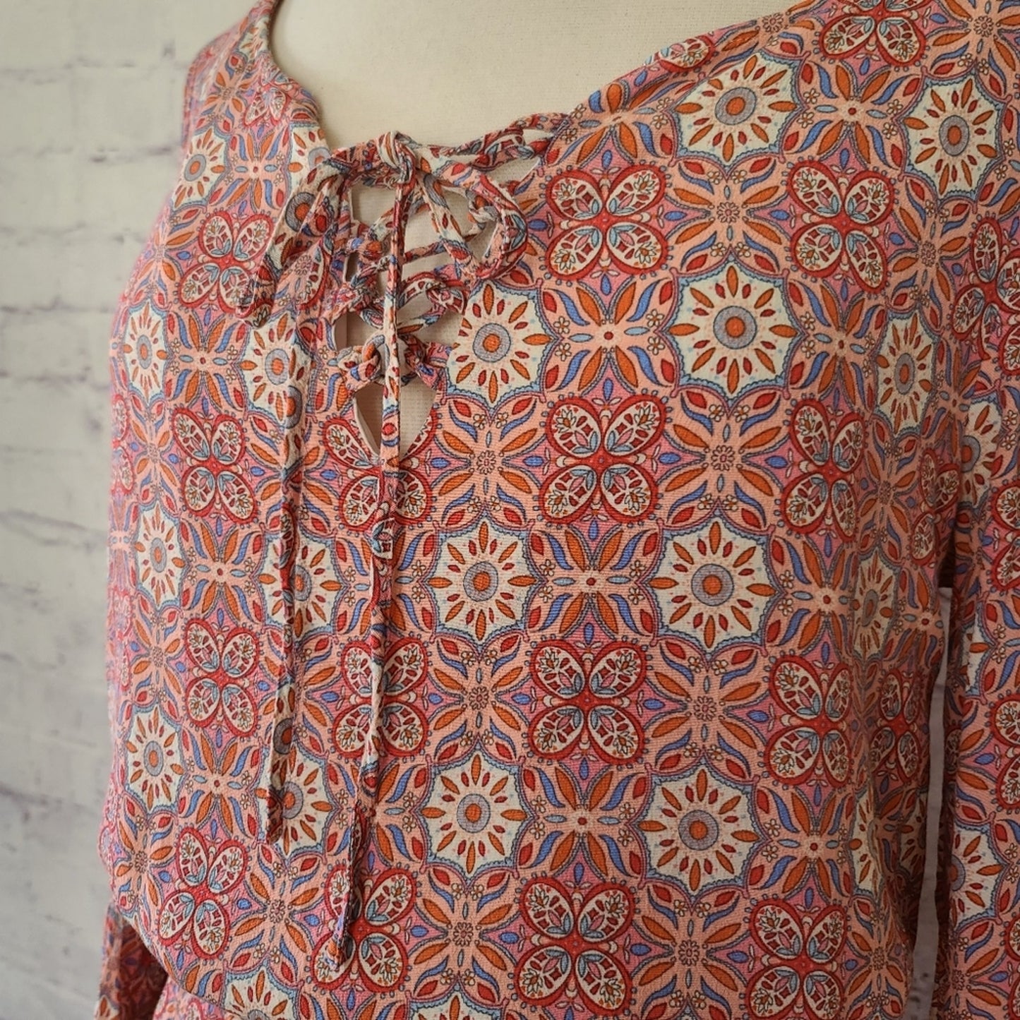 Sanctuary Pink Floral Mosaic Print Long Bell Sleeve Lace-Up V-Neck Dress Medium